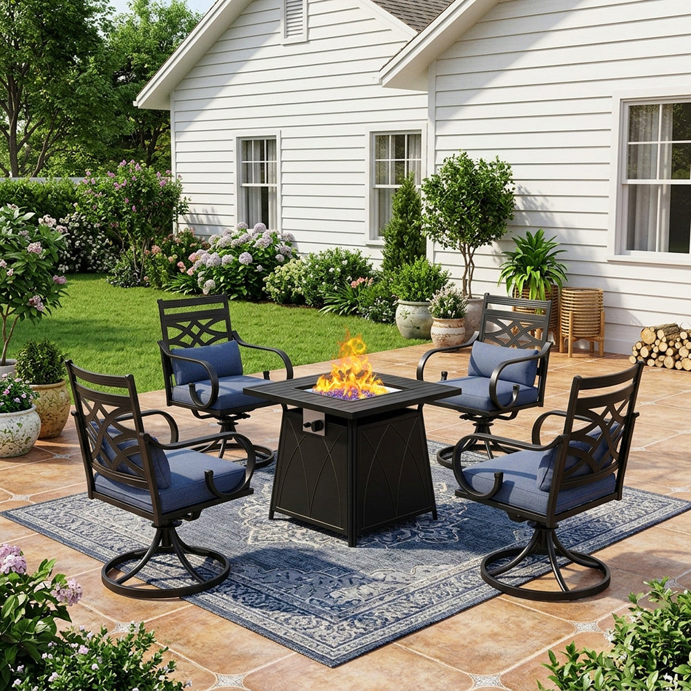 Captiva Designs 5pc Outdoor Patio Square Steel Dining Table and Metal Chairs with Seat Cushion & Waist Pillow