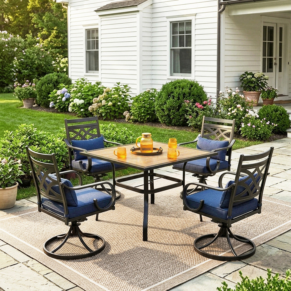 Captiva Designs 5pc Outdoor Patio Square Steel Dining Table and Metal Chairs with Seat Cushion & Waist Pillow