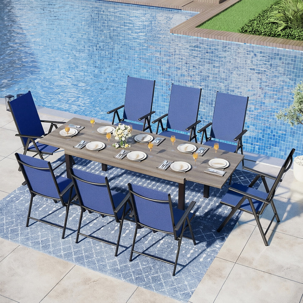Captiva Designs 9pc Patio Adjustable Steel Rectangle Dining Table & Textilene Reclining Foldable Chairs