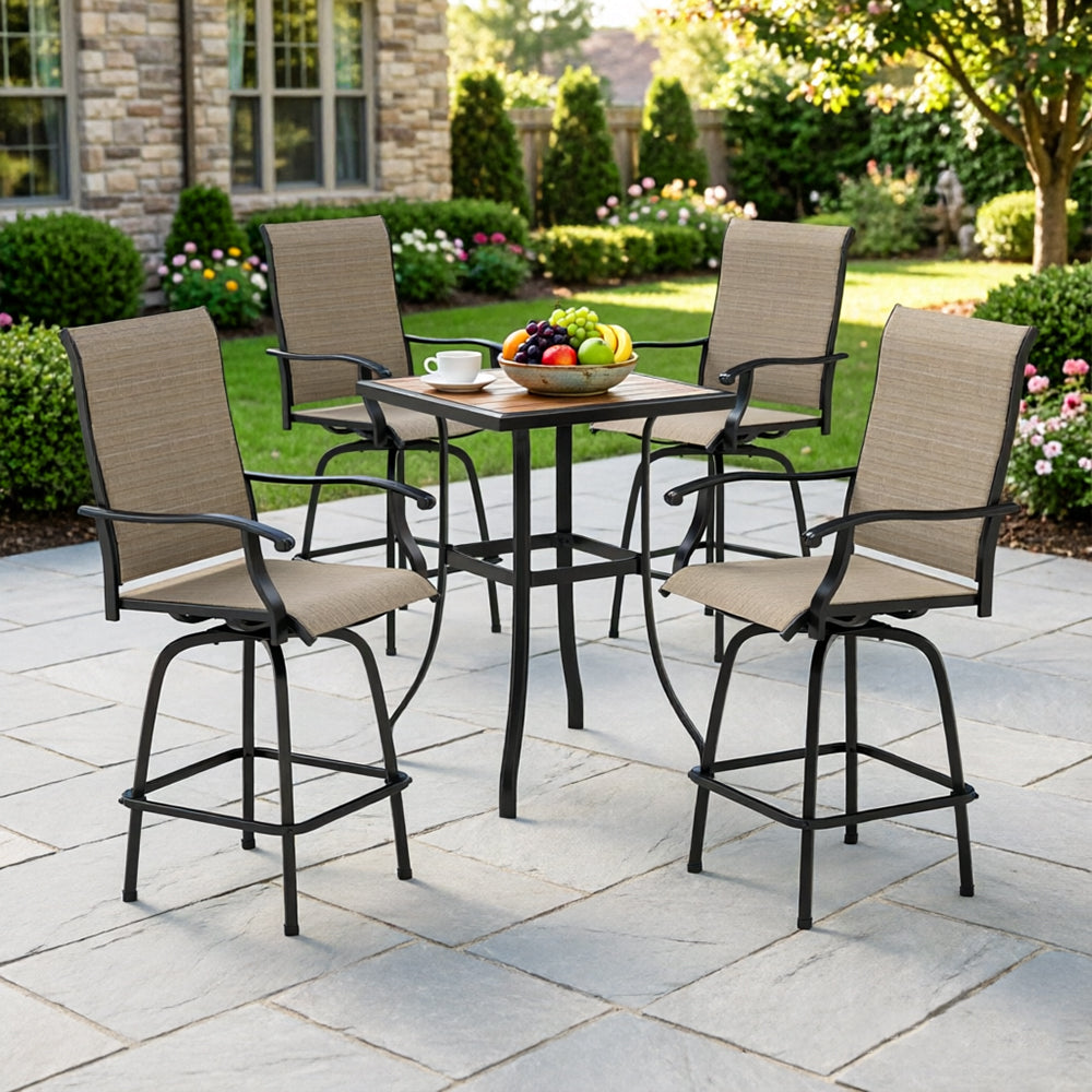 Captiva Designs 5Pc Outdoor Patio Dining Bar Set with Steel Steel Table & Sling Swivel Bar Stools