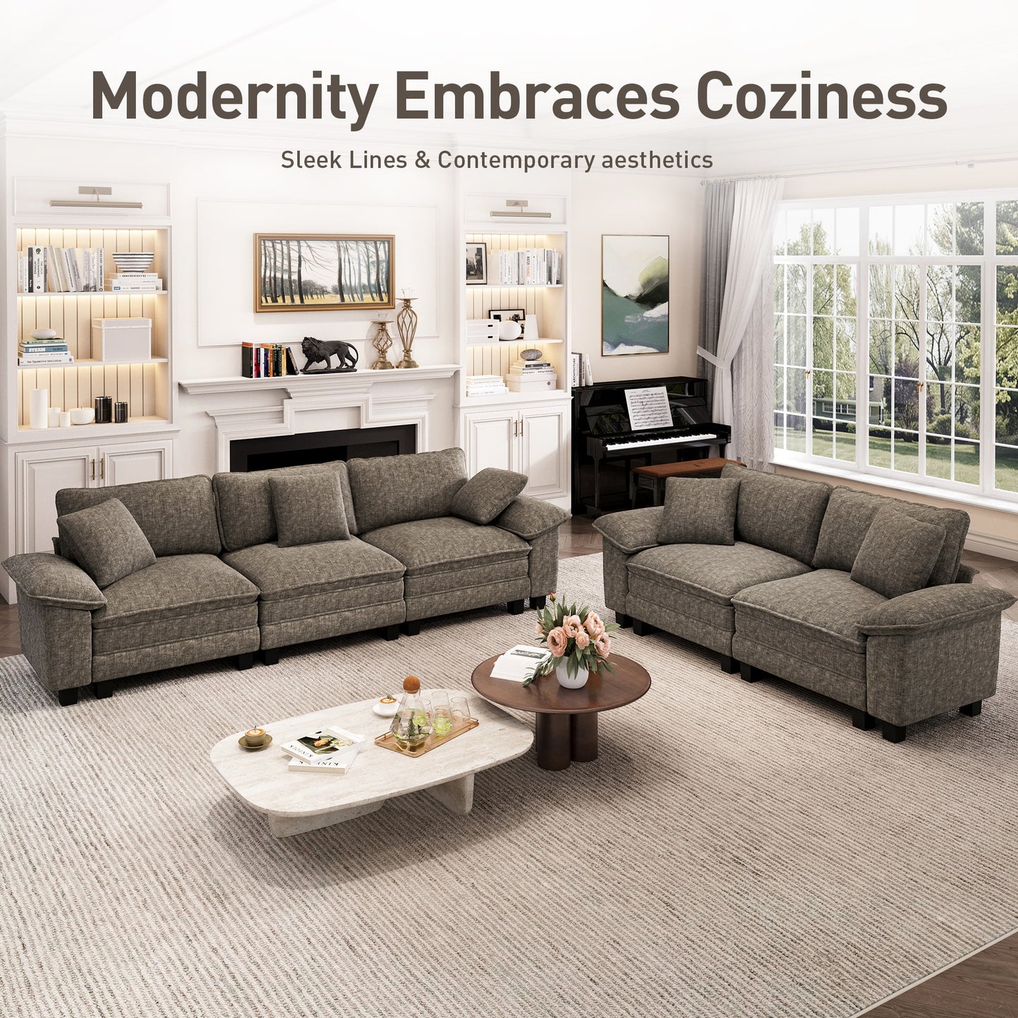 Captiva Designs 123.6" Cloud Modular Sofa, 3-Seater Deep Seat Sectional Couch for Living Room