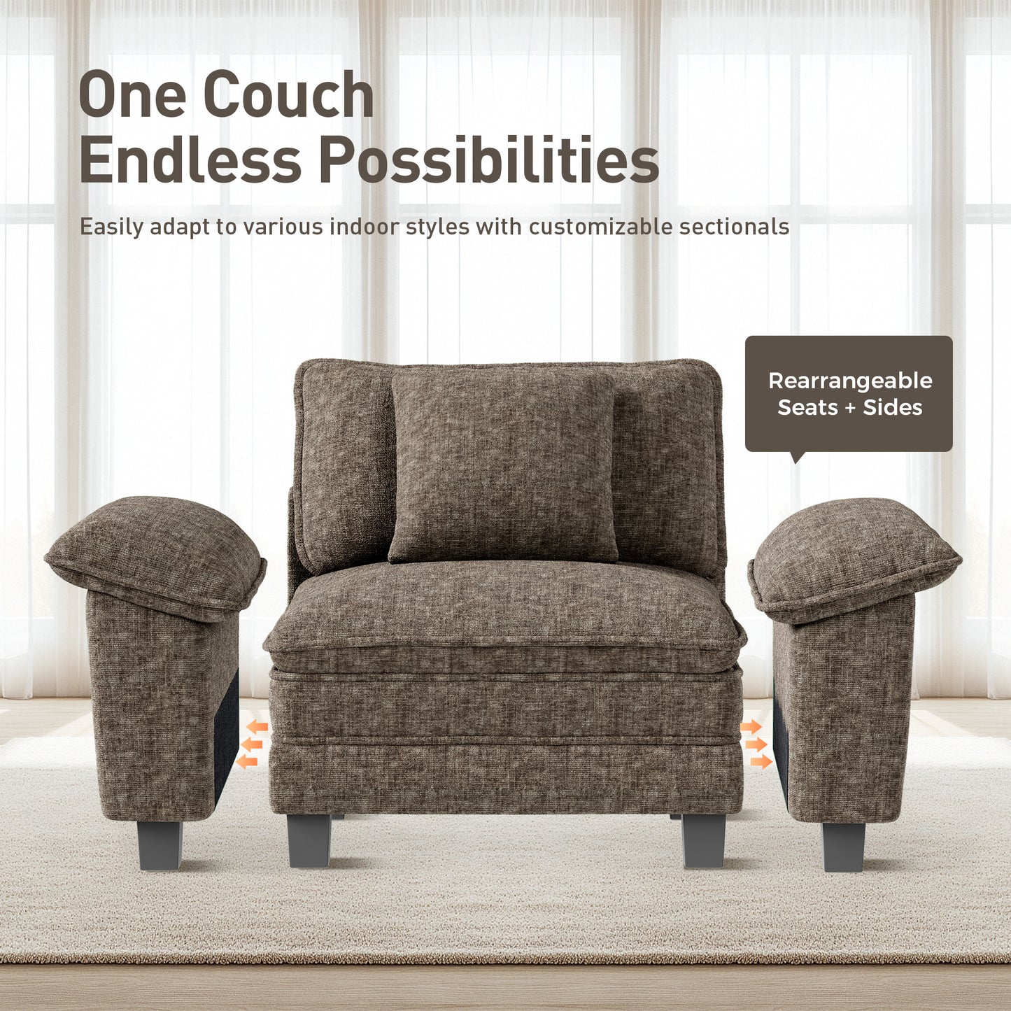 Captiva Designs 123.6" Cloud Modular Sofa, 3-Seater Deep Seat Sectional Couch for Living Room