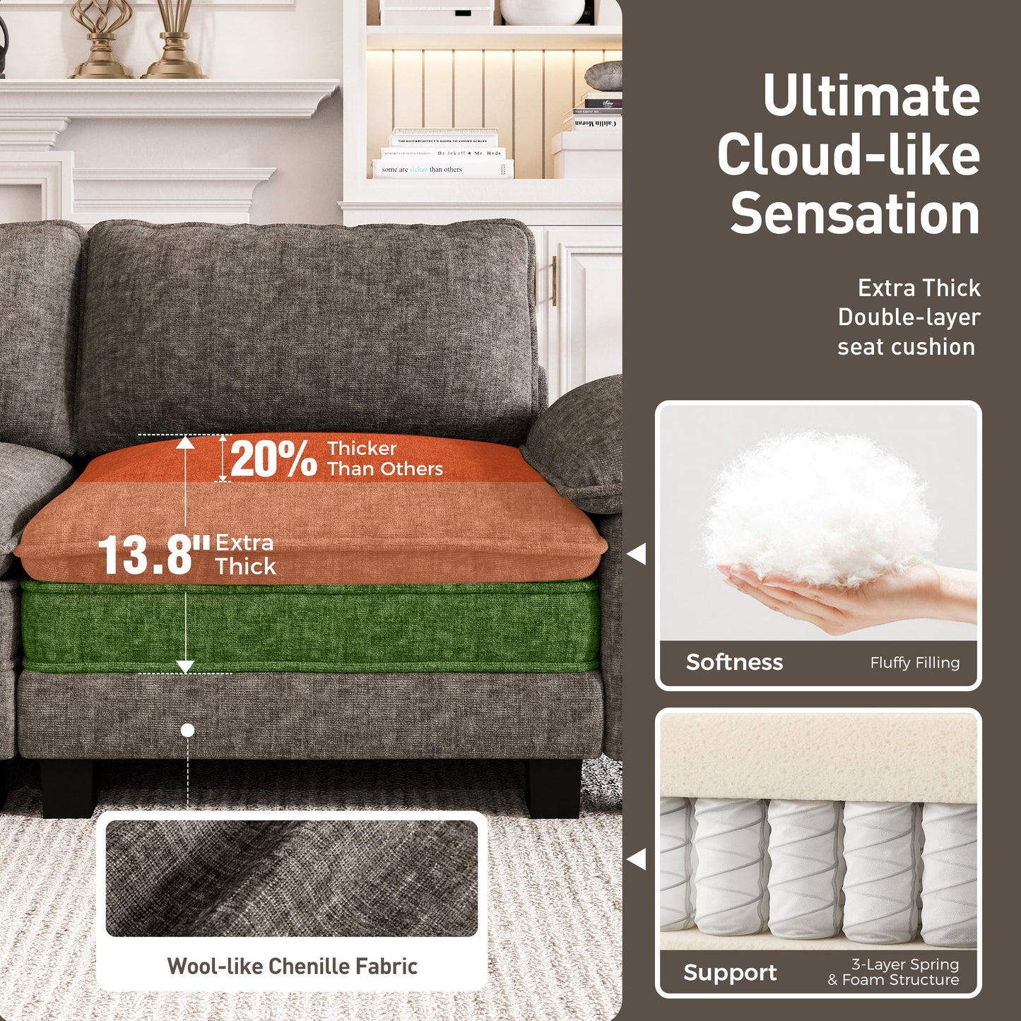 Captiva Designs 123.6" Cloud Modular Sofa, 3-Seater Deep Seat Sectional Couch for Living Room