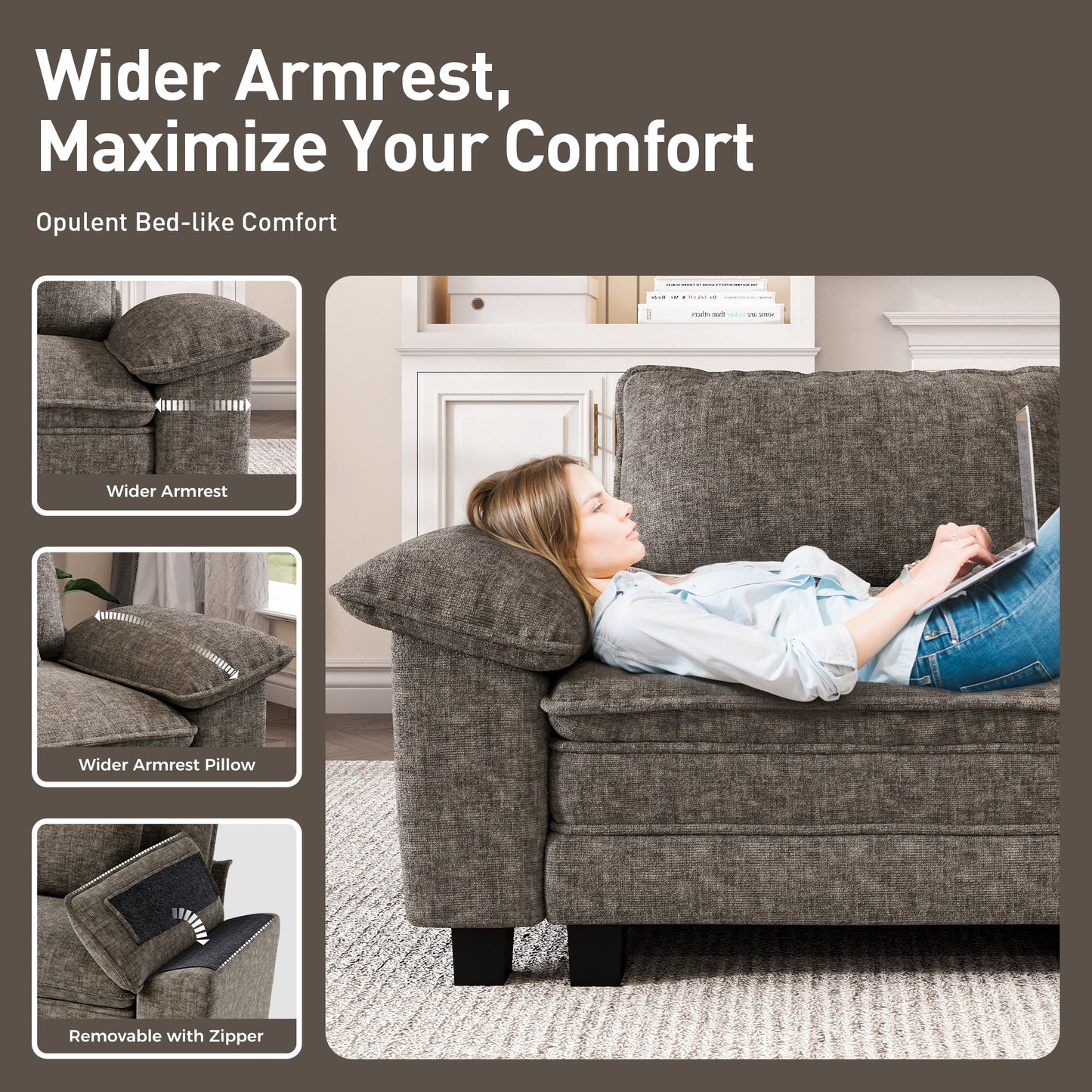 Captiva Designs 123.6" Cloud Modular Sofa, 3-Seater Deep Seat Sectional Couch for Living Room