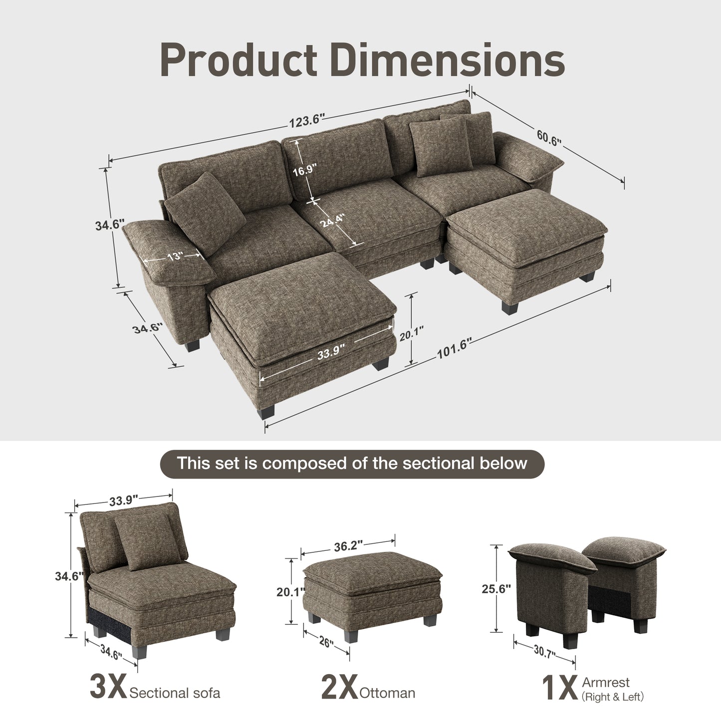 Captiva Designs Cloud Modular Sectional Sofa, 123.6" U-Shaped 5-Seater with 2 Ottomans