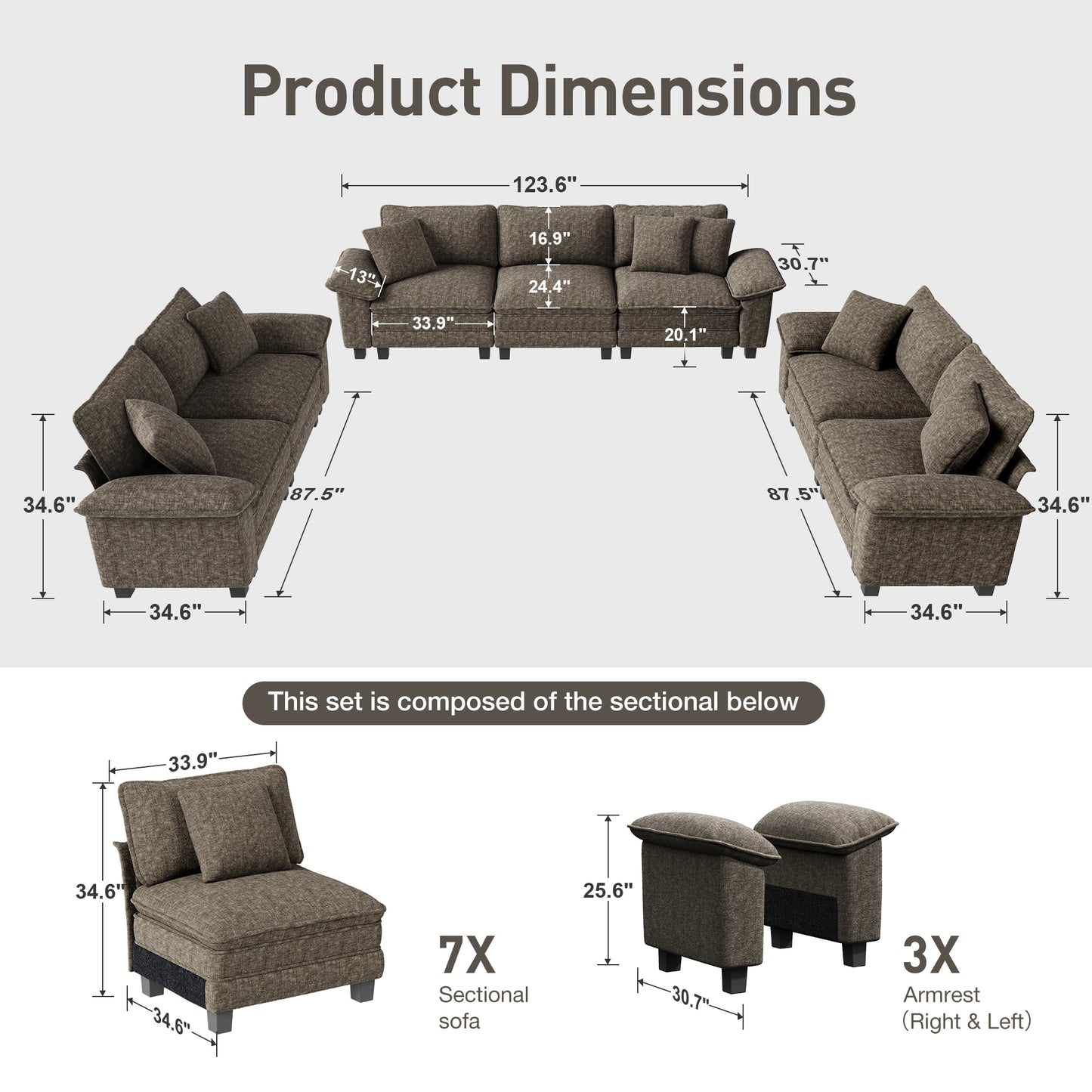 Captiva Designs Cloud Modular Sectional Sofa Set, 3-Piece 7-Seater Upholstered Couches for Living Room