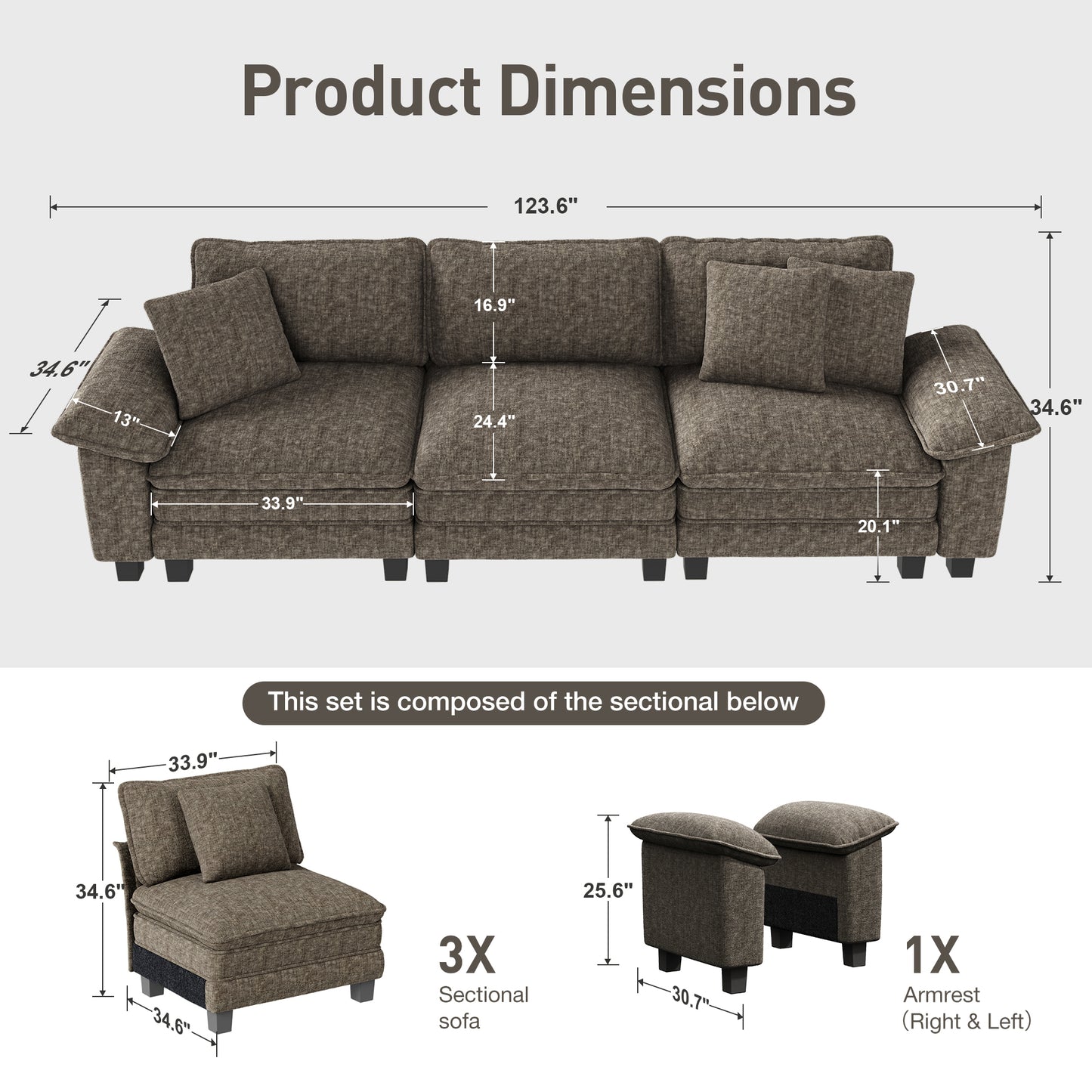 Captiva Designs 123.6" Cloud Modular Sofa, 3-Seater Deep Seat Sectional Couch for Living Room