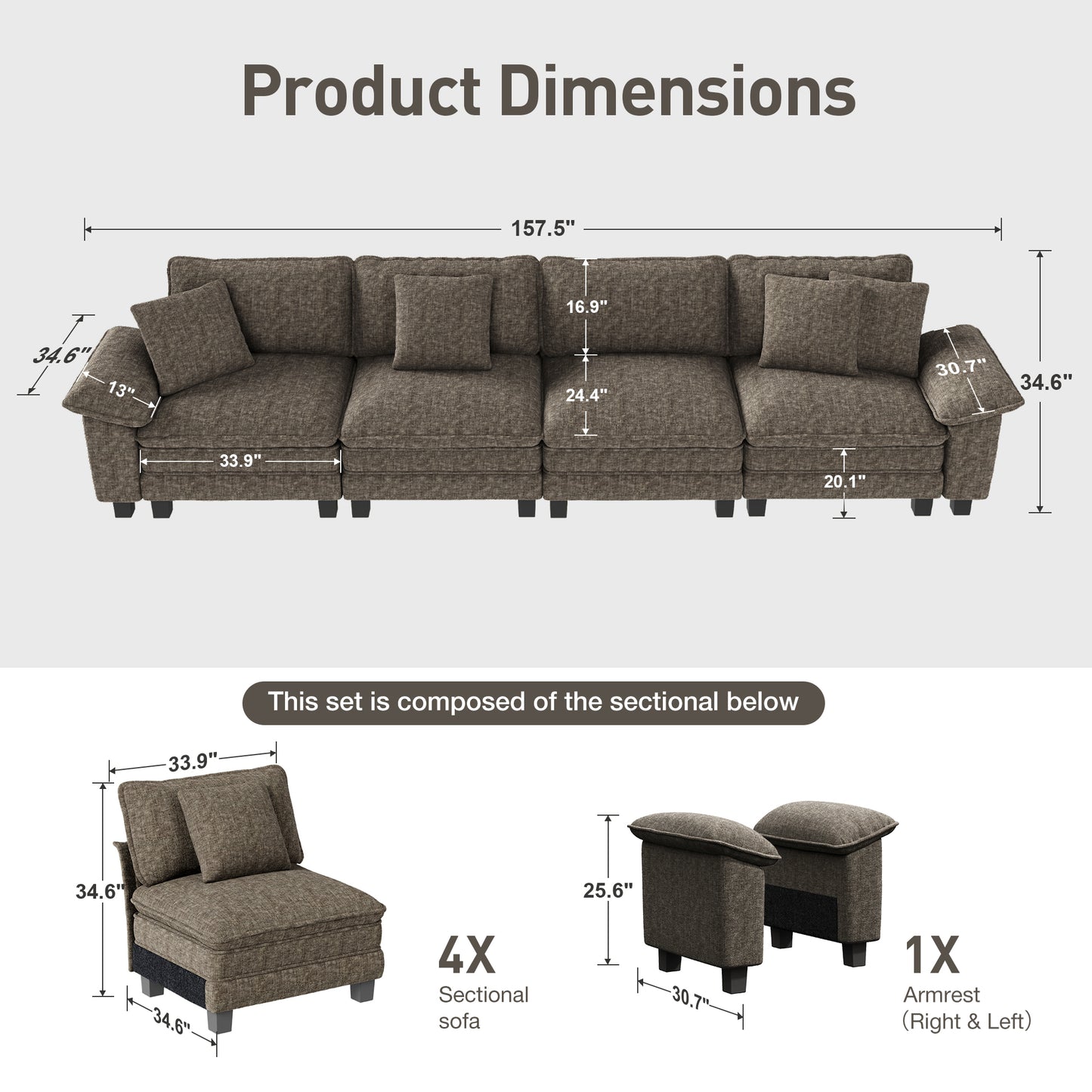 Captiva Designs Cloud Modular Sofa, 157.5" Sectional Couch with Deep Seats, 4-Seater Upholstered Sofa for Living Room