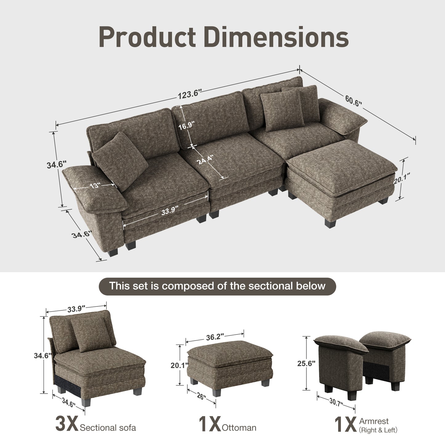 Captiva Designs Cloud Modular 4-Seater Sectional Sofa with L-Shaped Chaise and Movable Ottoman, Living Room Couch