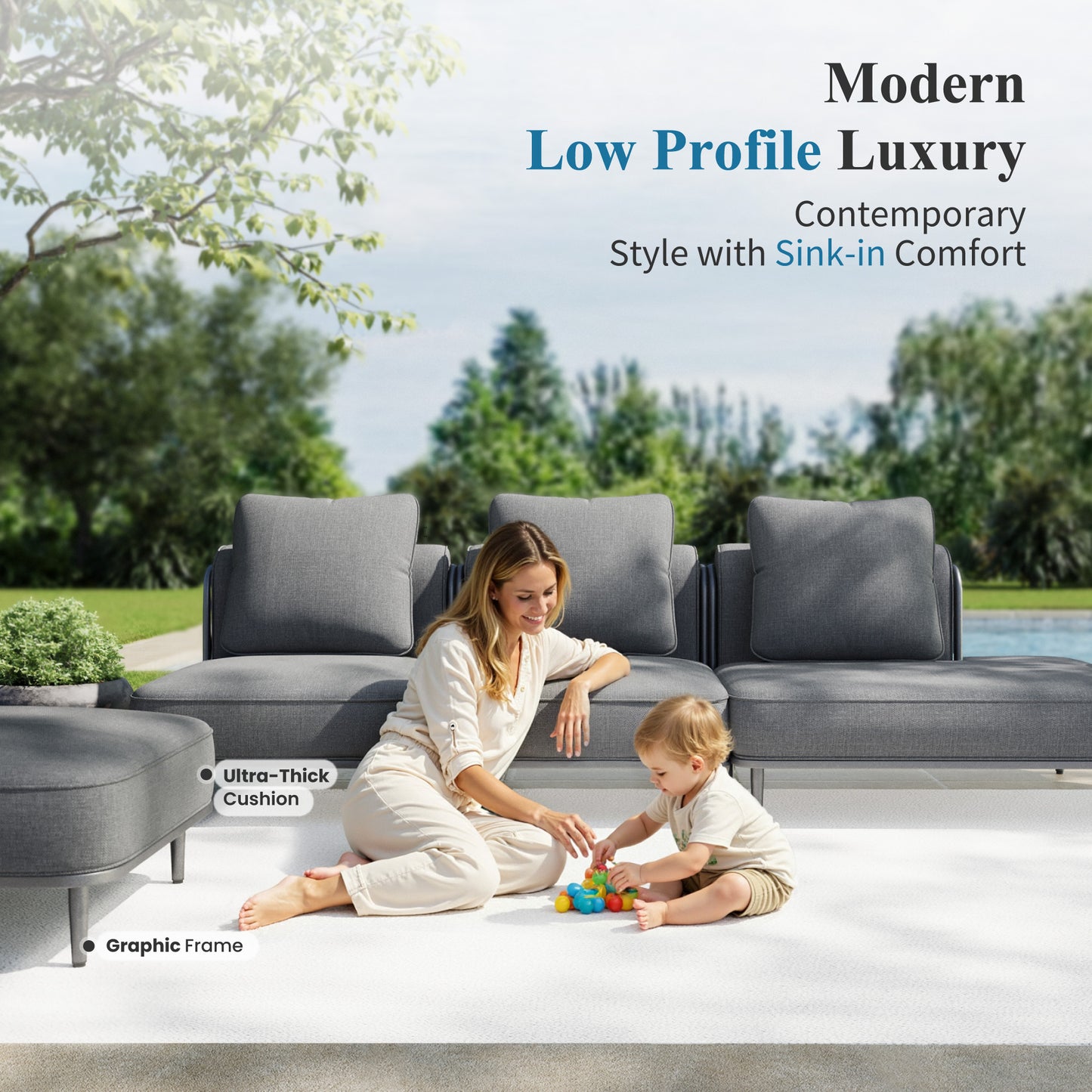 Captiva Designs Low-Profile Metal Outdoor Patio Modular Furniture Conversation Set with Extra Thick Cushion