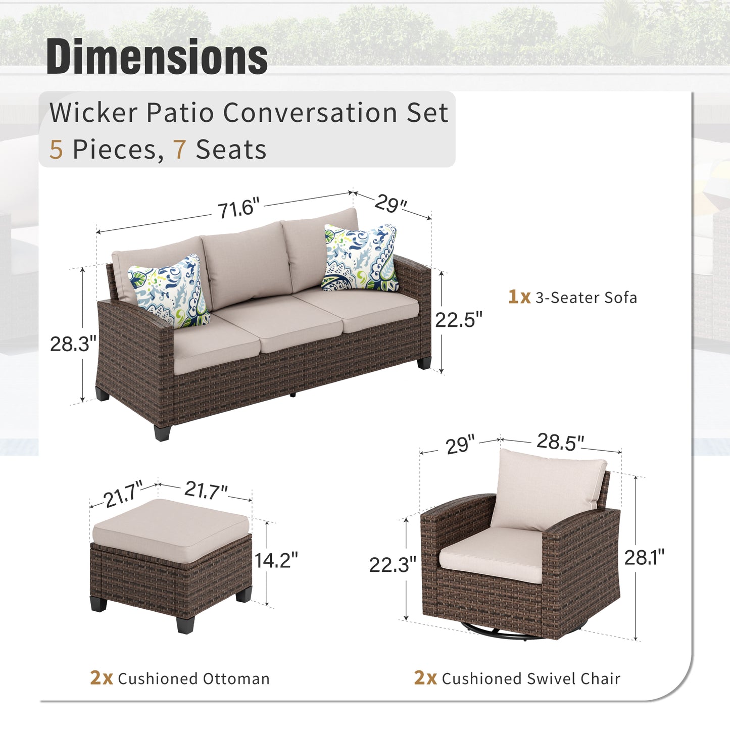 Captiva Designs 5 件套户外露台柳条会客套装，带软垫藤条旋转椅，适用于花园泳池边后院