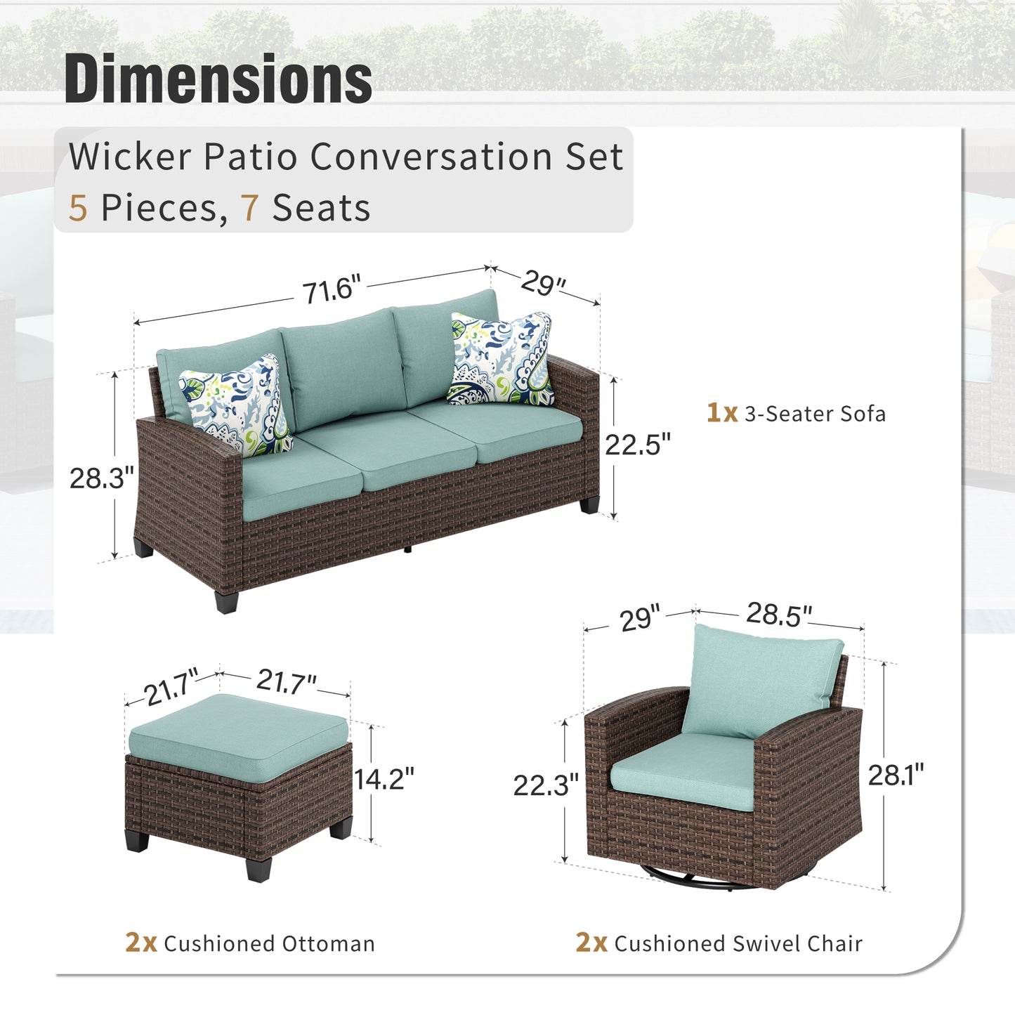 Captiva Designs 5 件套户外露台柳条会客套装，带软垫藤条旋转椅，适用于花园泳池边后院