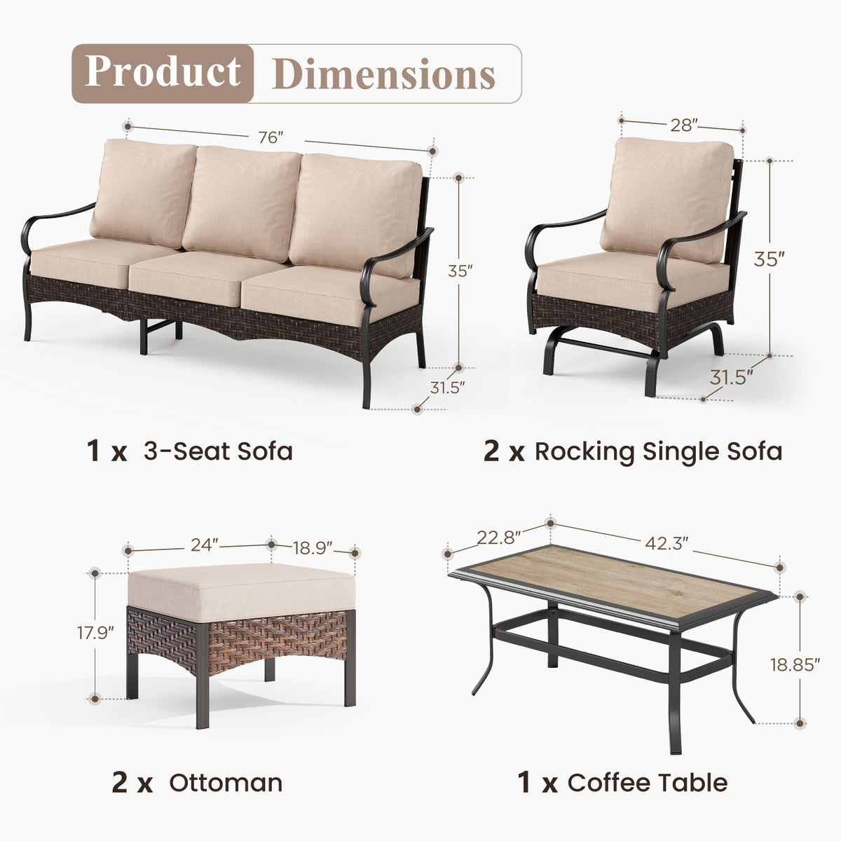 Captiva Designs 6pc Extra Large Metal and Rattan Outdoor Patio Conversation Set with Rocking Chairs and Ottomans