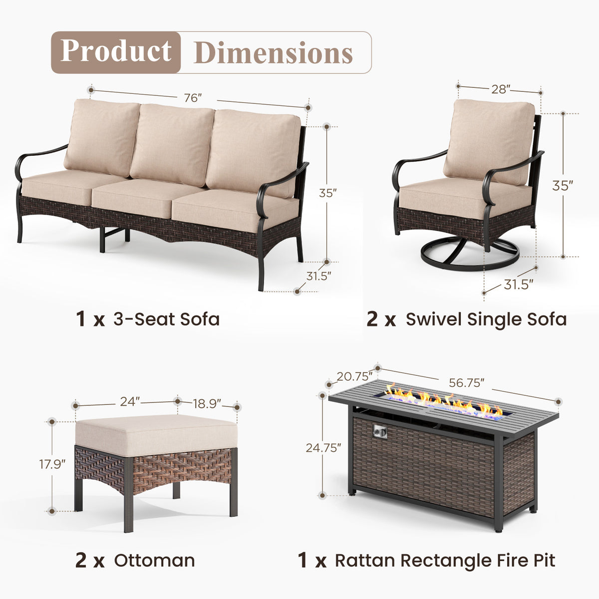 Captiva Designs 6pc Extra Large Metal and Rattan Outdoor Patio Fire Pit Set with Swivel Sofas and Ottomans