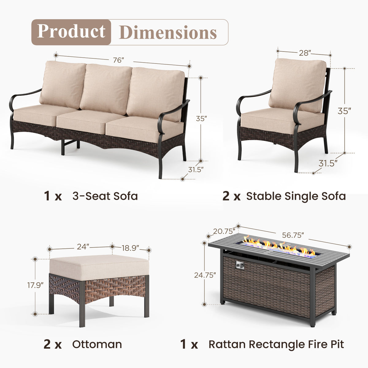 Captiva Designs 6pc Extra Large Metal and Rattan Outdoor Patio Fire Pit Set with Single Sofas and Ottomans