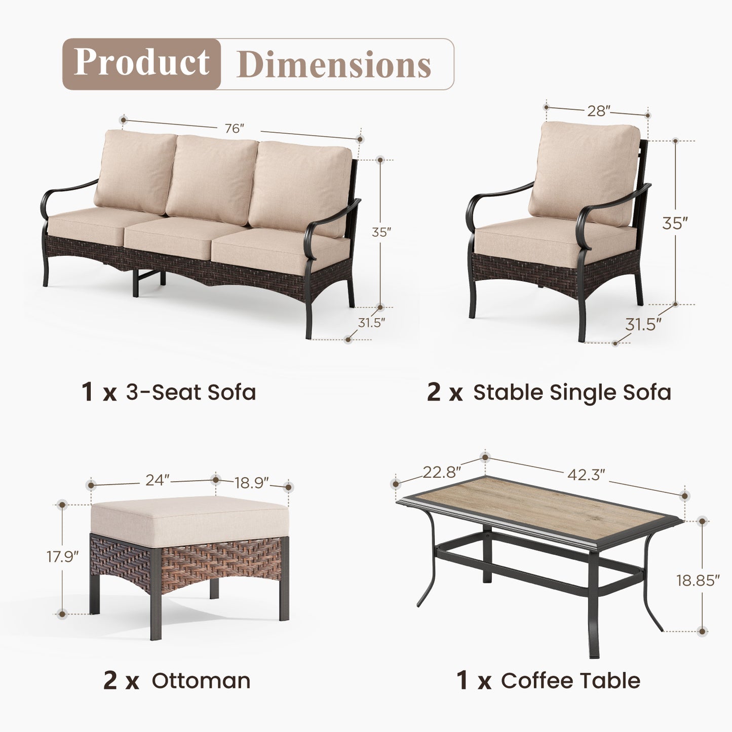 Captiva Designs 6pc Extra Large Metal and Rattan Outdoor Patio Conversation Set with Coffee Table and Ottomans