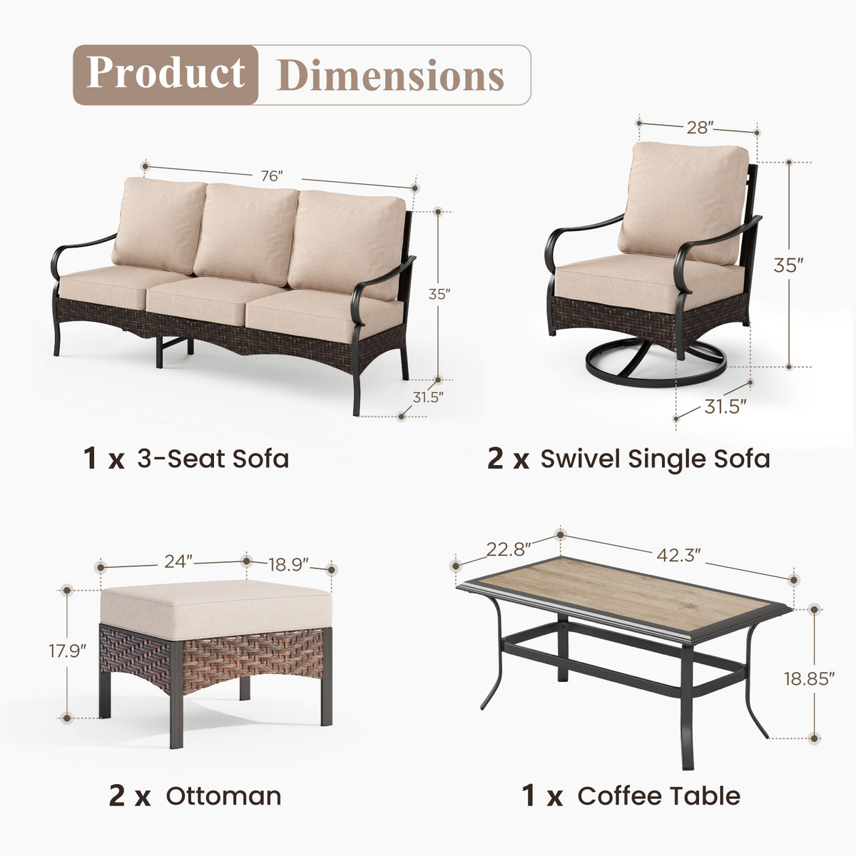 Captiva Designs 6pc extra large metal and rattan outdoor patio conversation set with table, swivel armchairs and ottoman