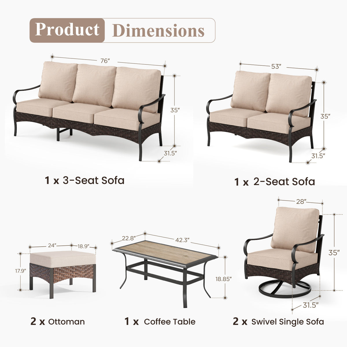 Captiva Designs 7pc Extra Large Metal and Rattan Outdoor Patio Conversation Set with Loveseat and Swivel Chairs