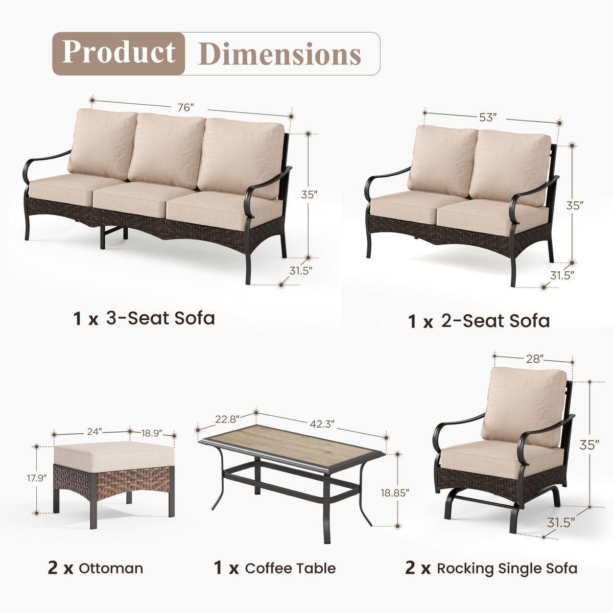 Captiva Designs 7pc Extra Large Metal and Rattan Outdoor Patio Conversation Set with Loveseat and Rocking Chairs