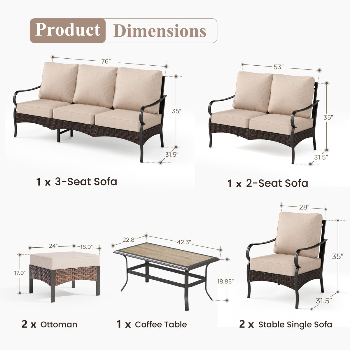 Captiva Designs 7pc Extra Large Metal and Rattan Outdoor Patio Conversation Set with Loveseat and Ottomans