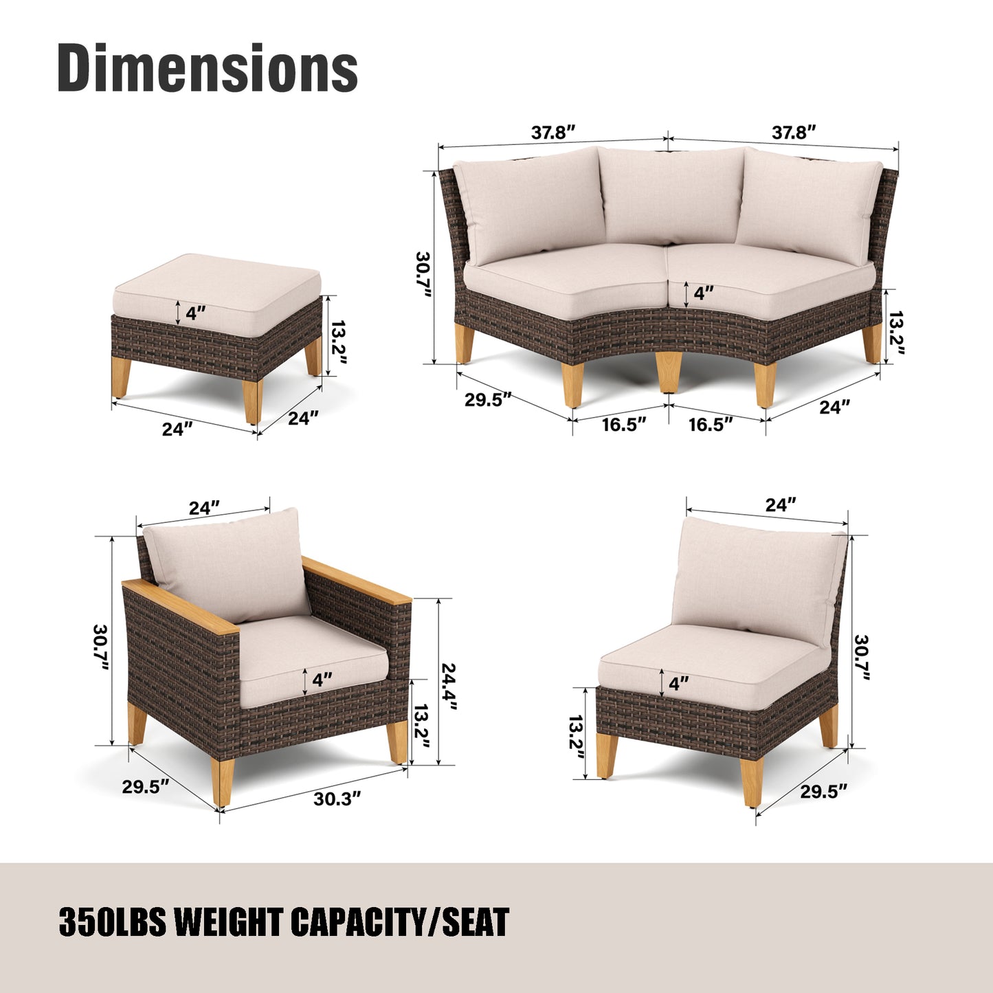 Captiva Designs 9pc Outdoor Wicker Rattan Patio Half-Moon Curved Sectional Sofa Conversation Set with Cushioned Ottoman