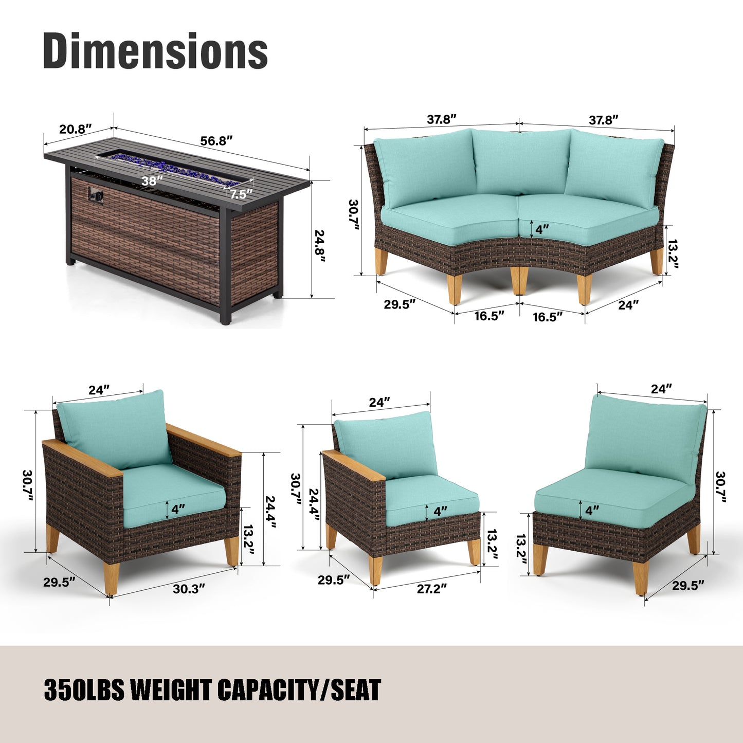 Captiva Designs 9pc Outdoor Wicker Rattan Patio Half-Moon Curved Sectional Sofa Conversation Set with  Fire Pit Table