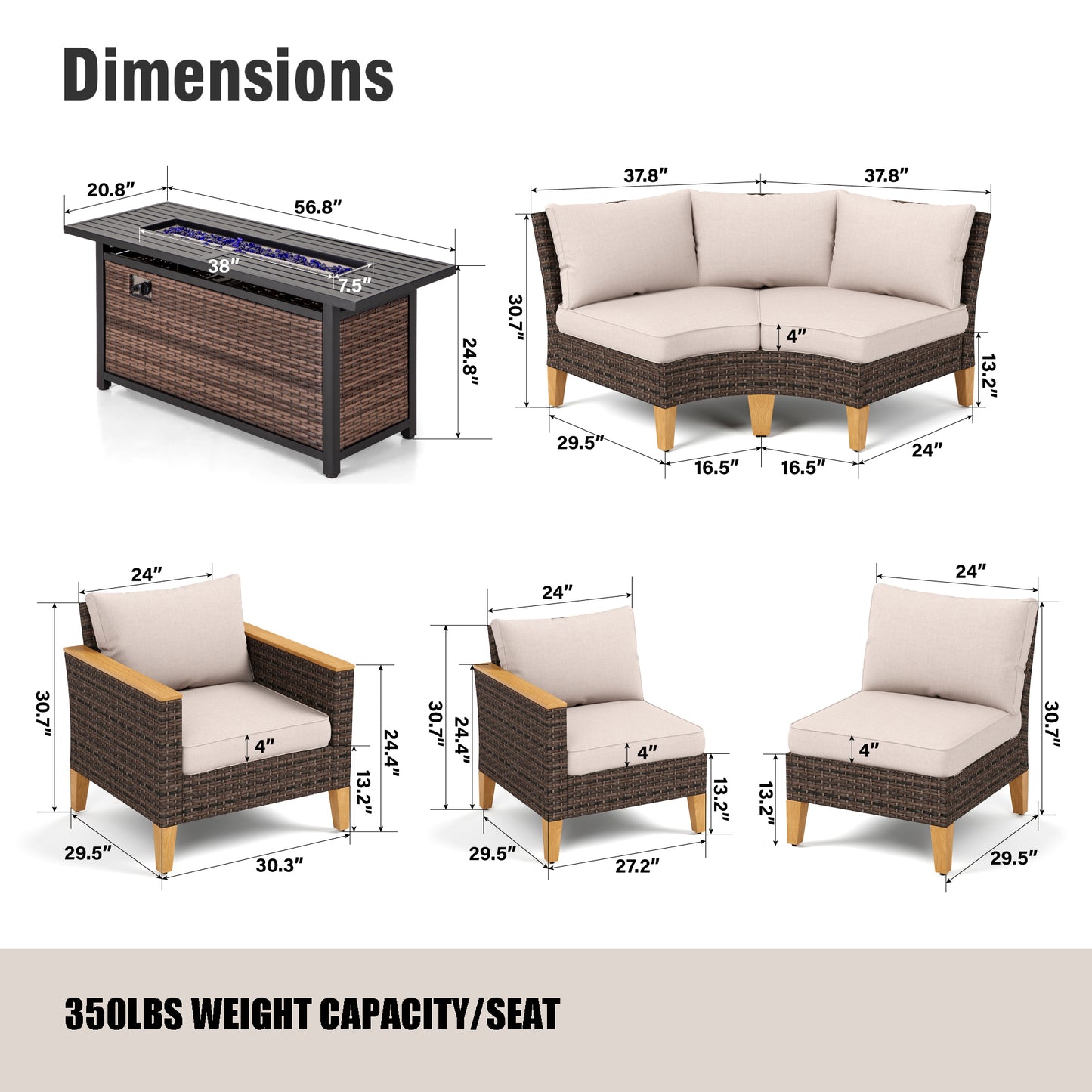 Captiva Designs 9pc Outdoor Wicker Rattan Patio Half-Moon Curved Sectional Sofa Conversation Set with  Fire Pit Table