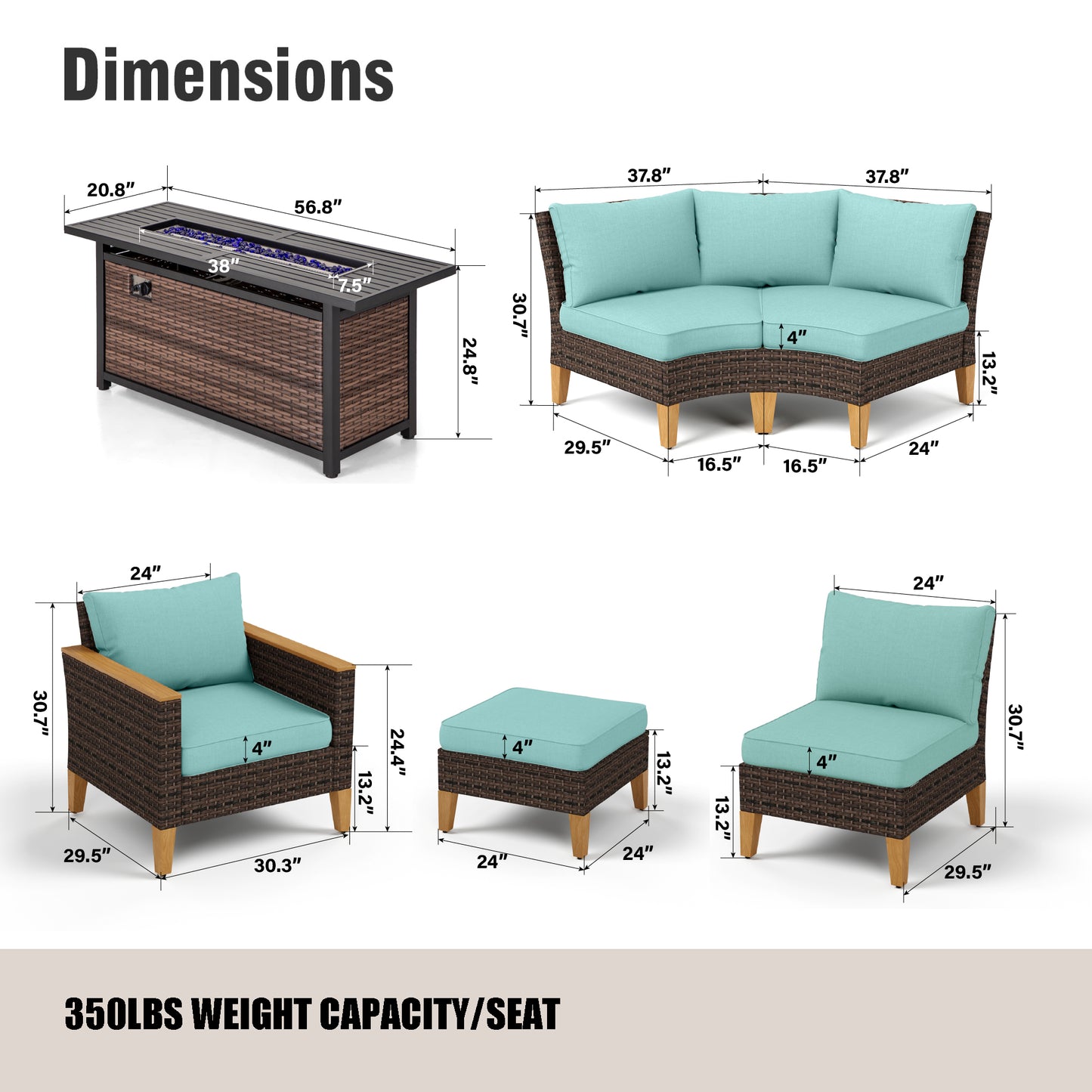 Captiva Designs 10pc Outdoor Wicker Rattan Patio Half-Moon Curved Sectional Sofa Conversation Set with  Fire Pit Table