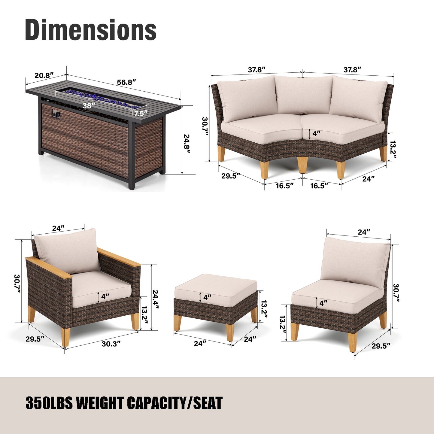 Captiva Designs 10pc Outdoor Wicker Rattan Patio Half-Moon Curved Sectional Sofa Conversation Set with  Fire Pit Table
