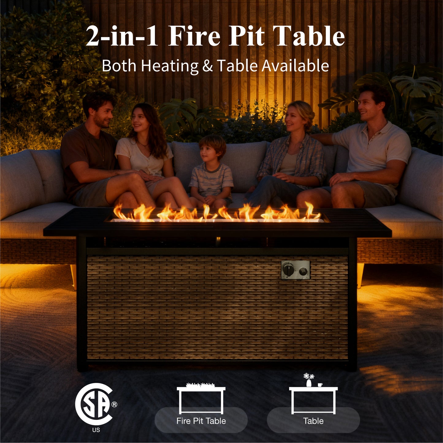 Captiva Designs 10pc Wicker Outdoor Patio Rattan Sectional Conversation Sofa Set with Fire Pit Table and Cushioned Ottoman