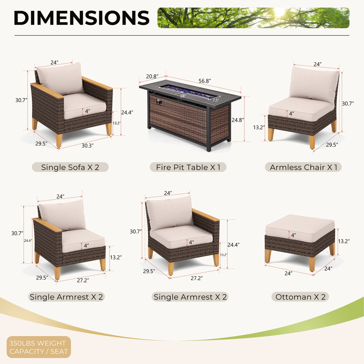 Captiva Designs 10pc Wicker Outdoor Patio Rattan Sectional Conversation Sofa Set with Fire Pit Table and Cushioned Ottoman