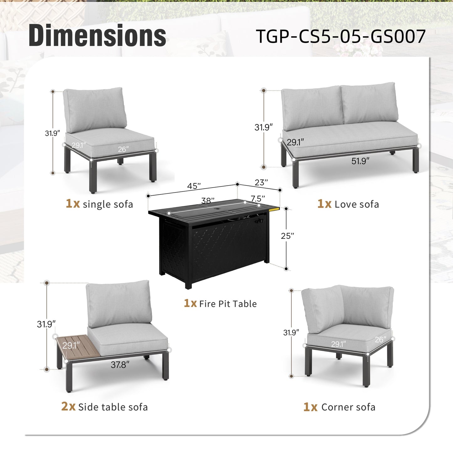 Captiva Designs Outdoor Off-white Conversation Set with Sectional Sofa & Coffee Table & Removable Cushion