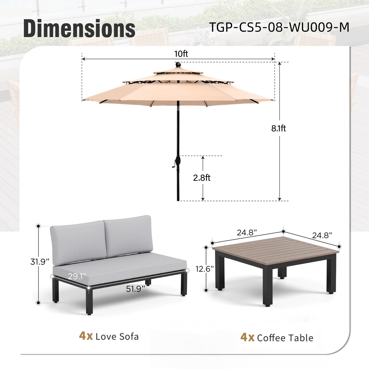 Captiva Designs Outdoor Off-white Conversation Set with Sectional Sofa & Coffee Table & Removable Cushion