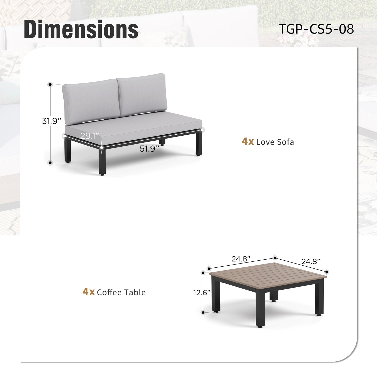 Captiva Designs Outdoor Off-white Conversation Set with Sectional Sofa & Coffee Table & Removable Cushion