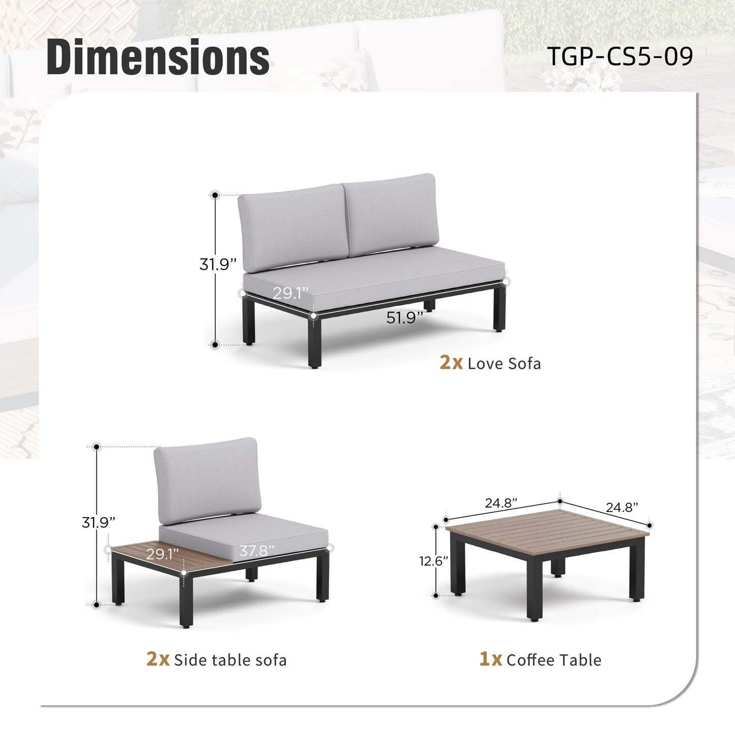 Captiva Designs Outdoor Off-white Conversation Set with Sectional Sofa & Coffee Table & Removable Cushion