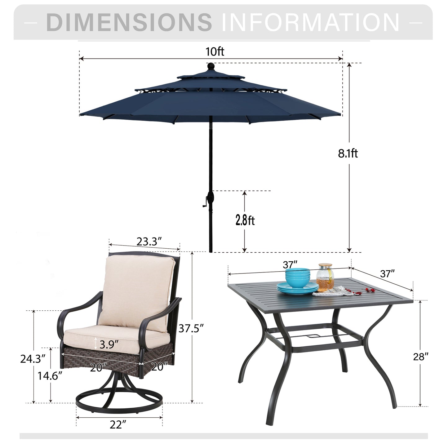Captiva Designs 6pc Patio Slat-top Steel Table & Swivel Chairs with Thick Cushions & Beige 10ft Umbrella