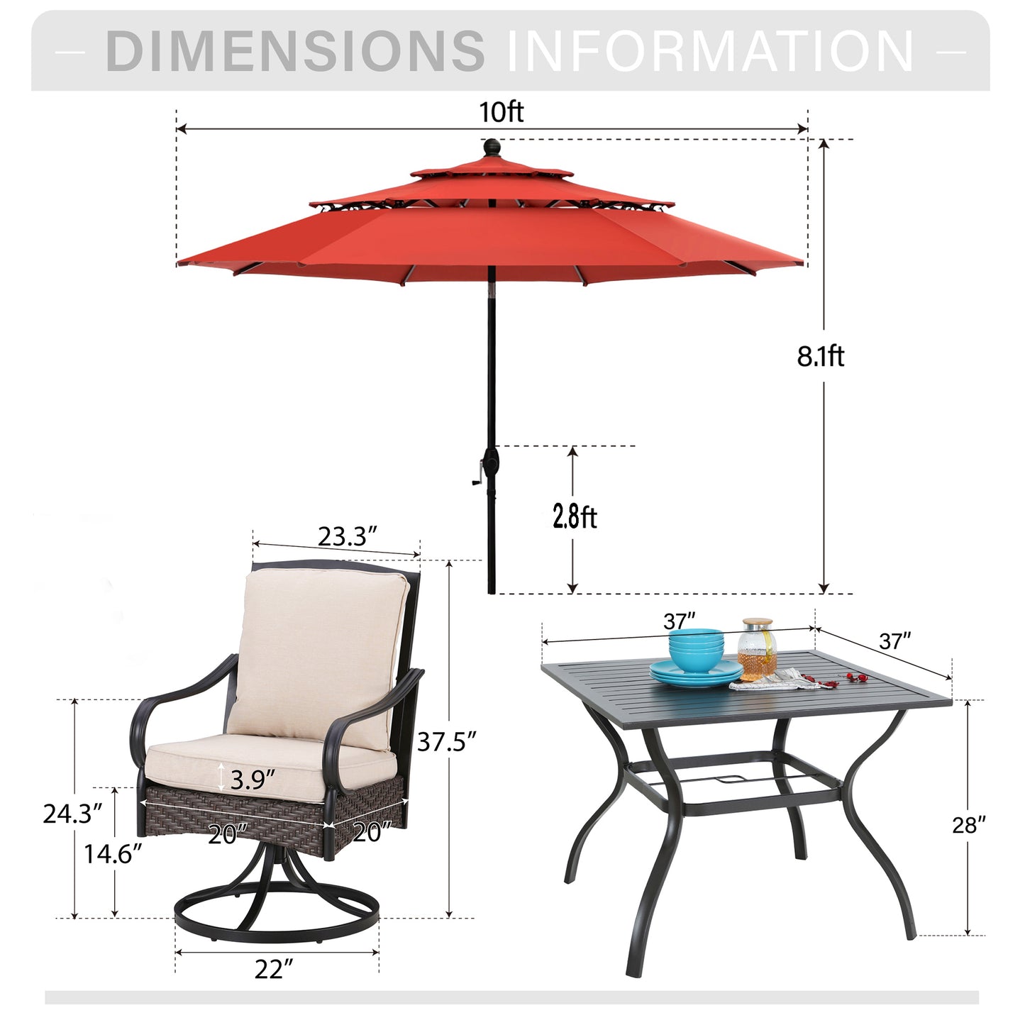 Captiva Designs 6pc Patio Slat-top Steel Table & Swivel Chairs with Thick Cushions & Beige 10ft Umbrella