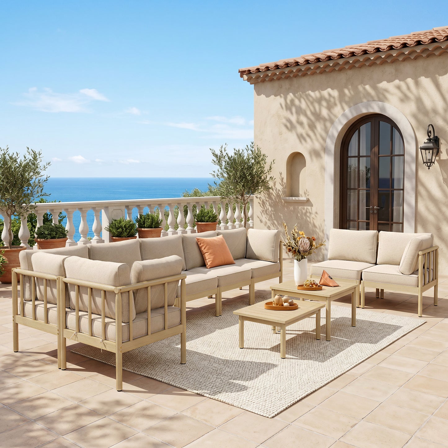 Captiva Designs Acacia Wood Outdoor Patio Cusioned Modular Sofa Conversation Set with 2-in-1 Table