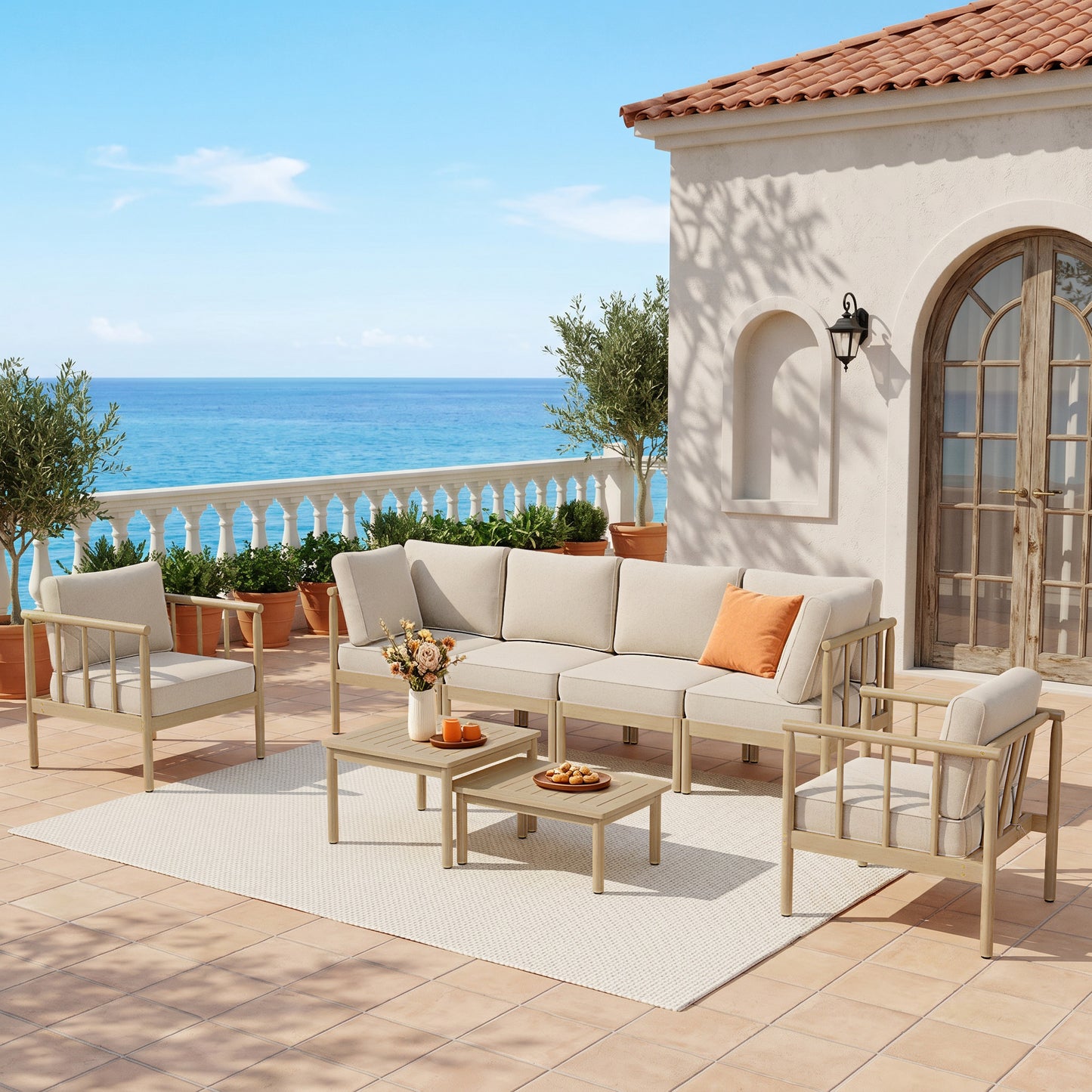 Captiva Designs Acacia Wood Outdoor Patio Cusioned Modular Sofa Conversation Set with 2-in-1 Table