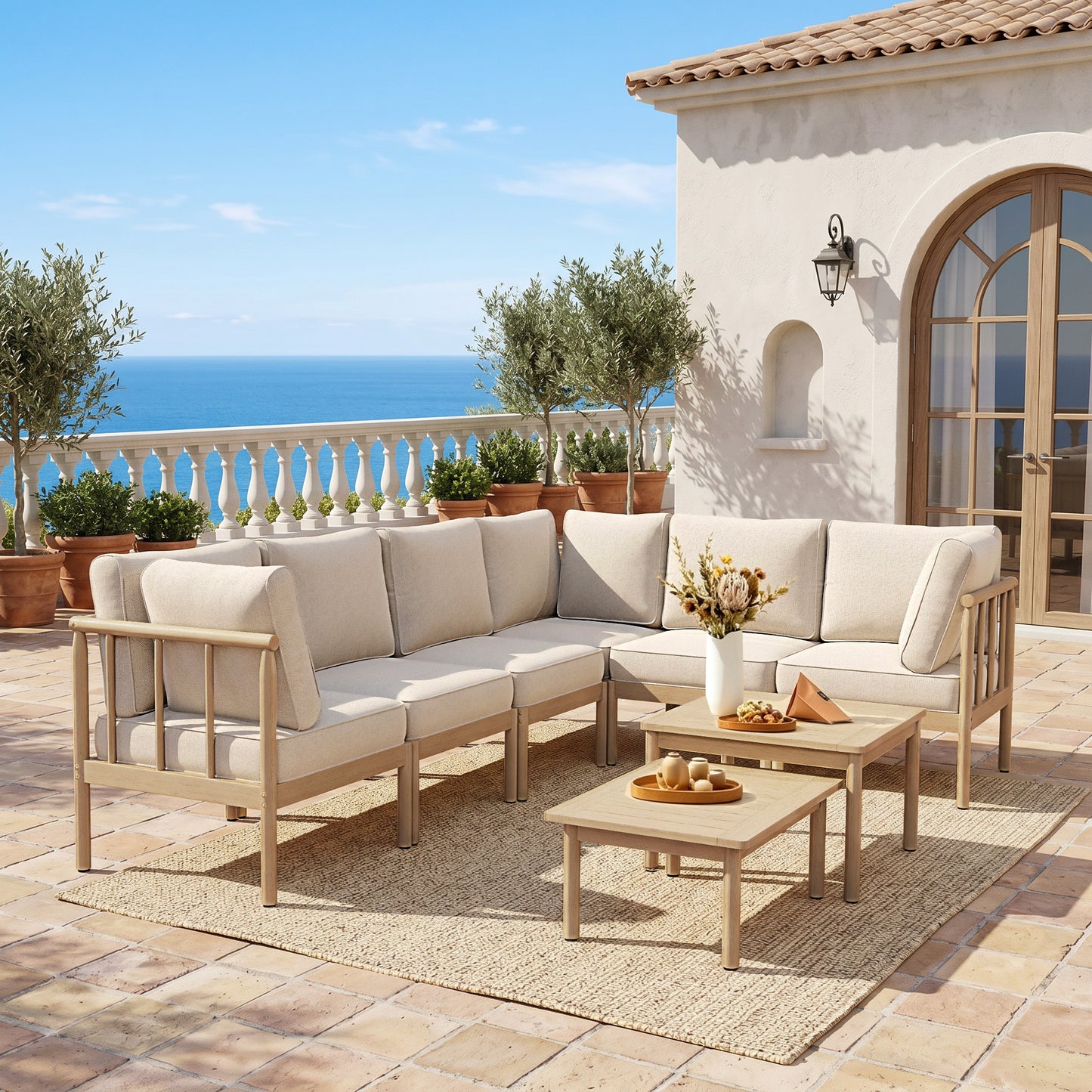 Captiva Designs Acacia Wood Outdoor Patio Cusioned Modular Sofa Conversation Set with 2-in-1 Table