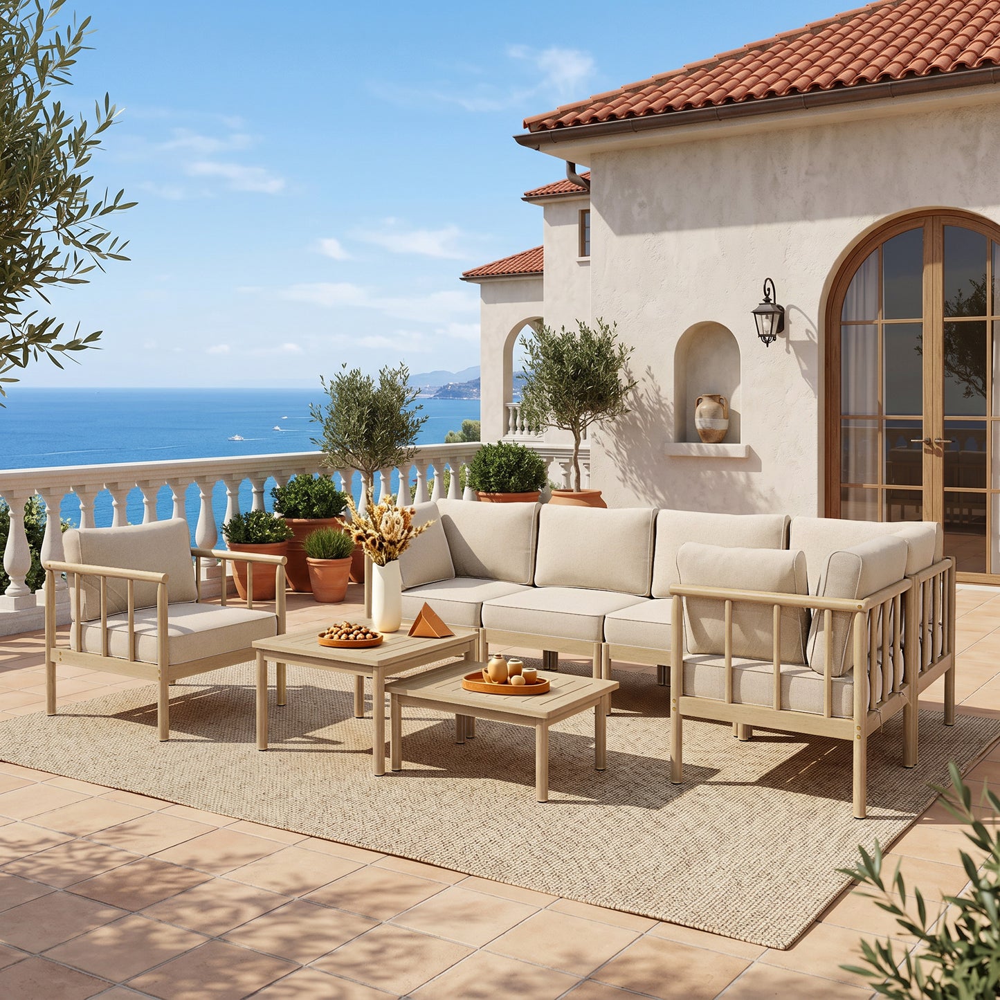 Captiva Designs Acacia Wood Outdoor Patio Cusioned Modular Sofa Conversation Set with 2-in-1 Table