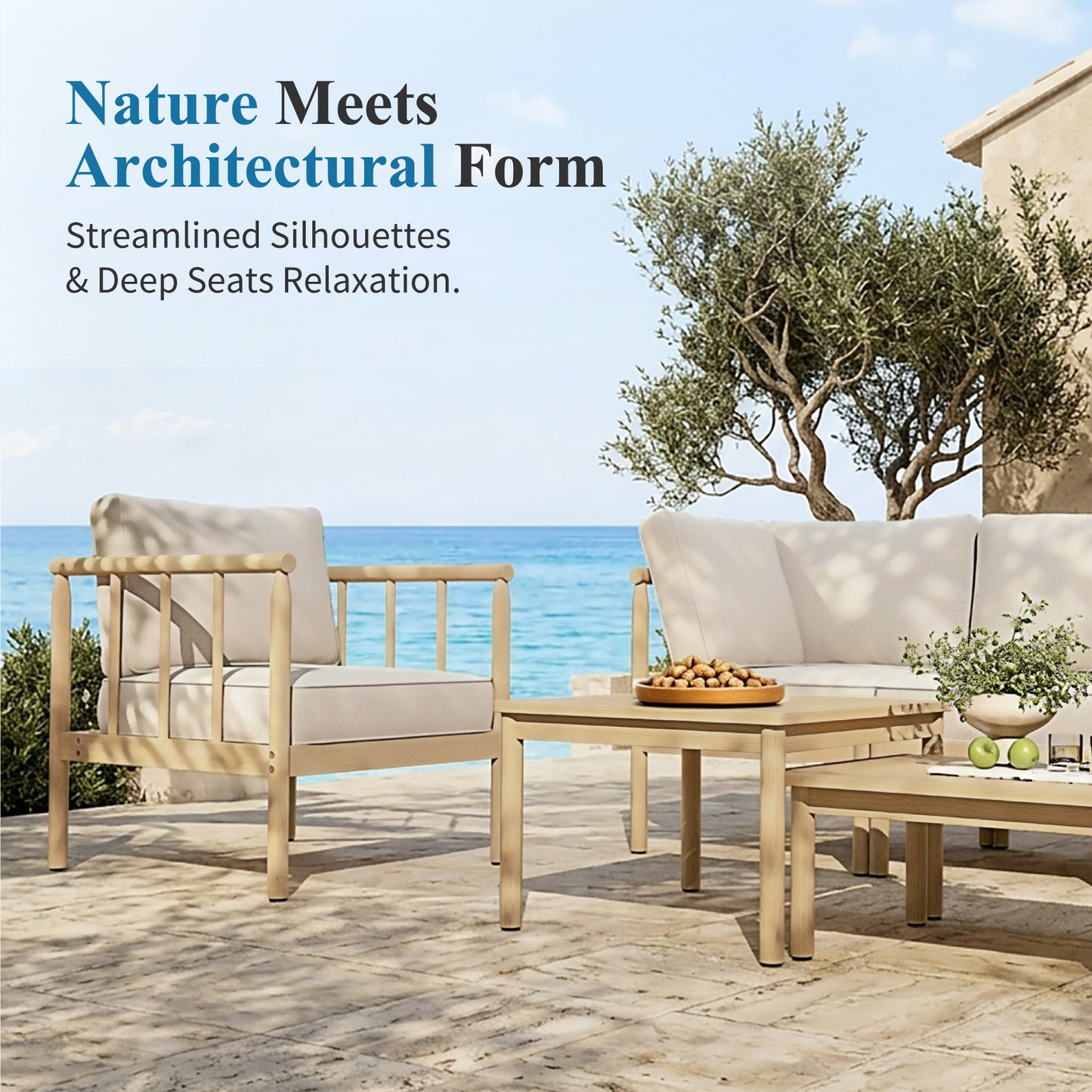 Captiva Designs Acacia Wood Outdoor Patio Cusioned Modular Sofa Conversation Set with 2-in-1 Table