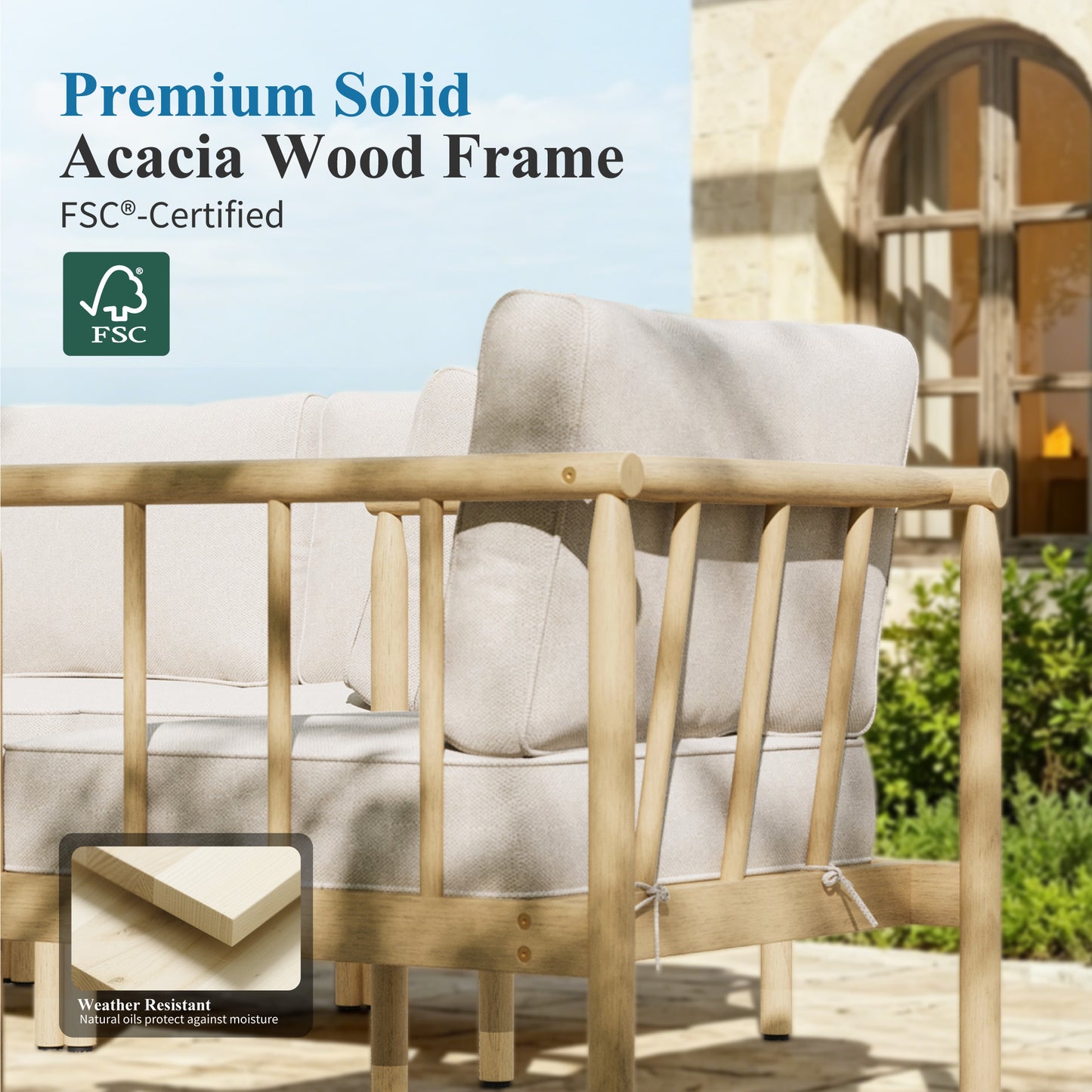 Captiva Designs Acacia Wood Outdoor Patio Cusioned Modular Sofa Conversation Set with 2-in-1 Table
