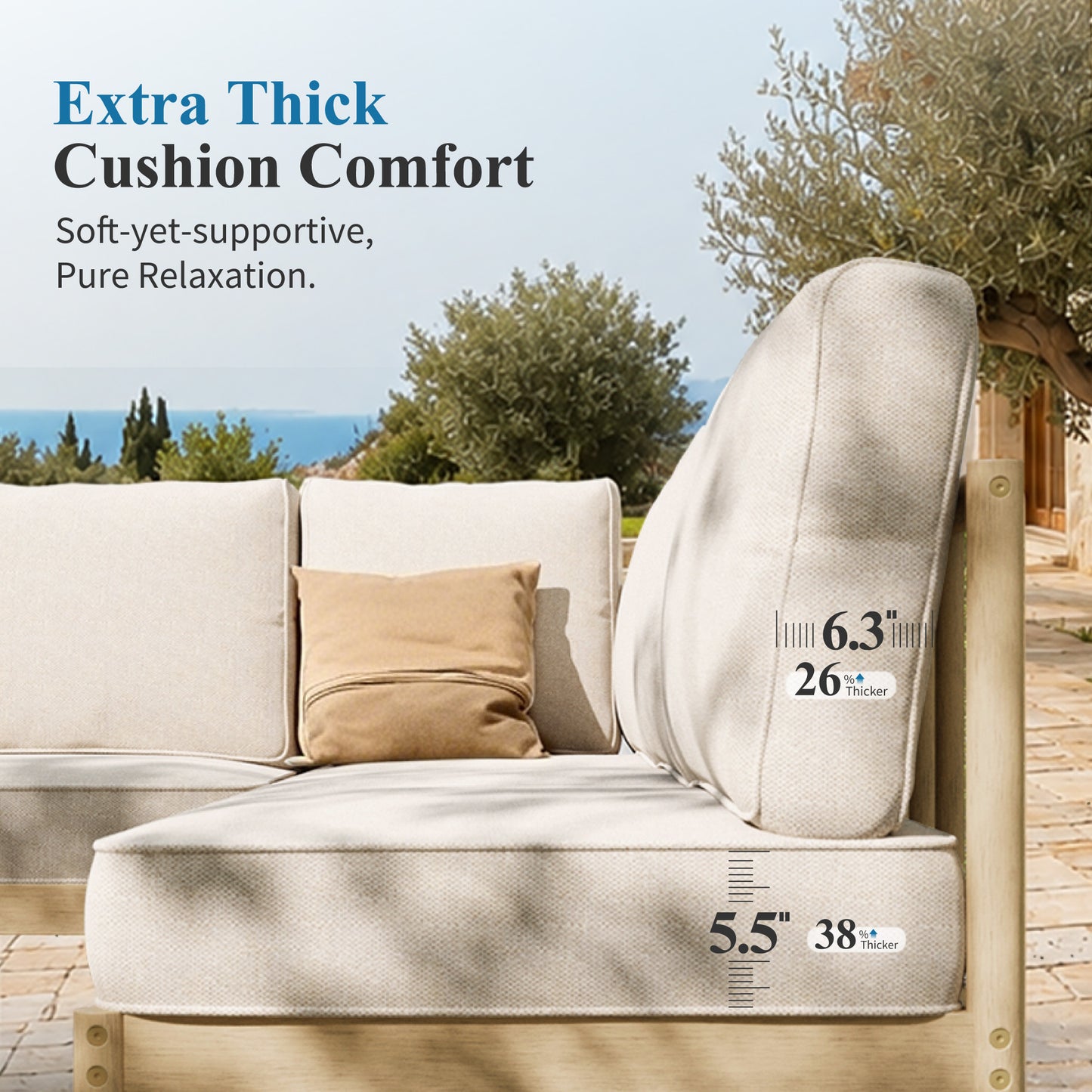 Captiva Designs Acacia Wood Outdoor Patio Cusioned Modular Sofa Conversation Set with 2-in-1 Table