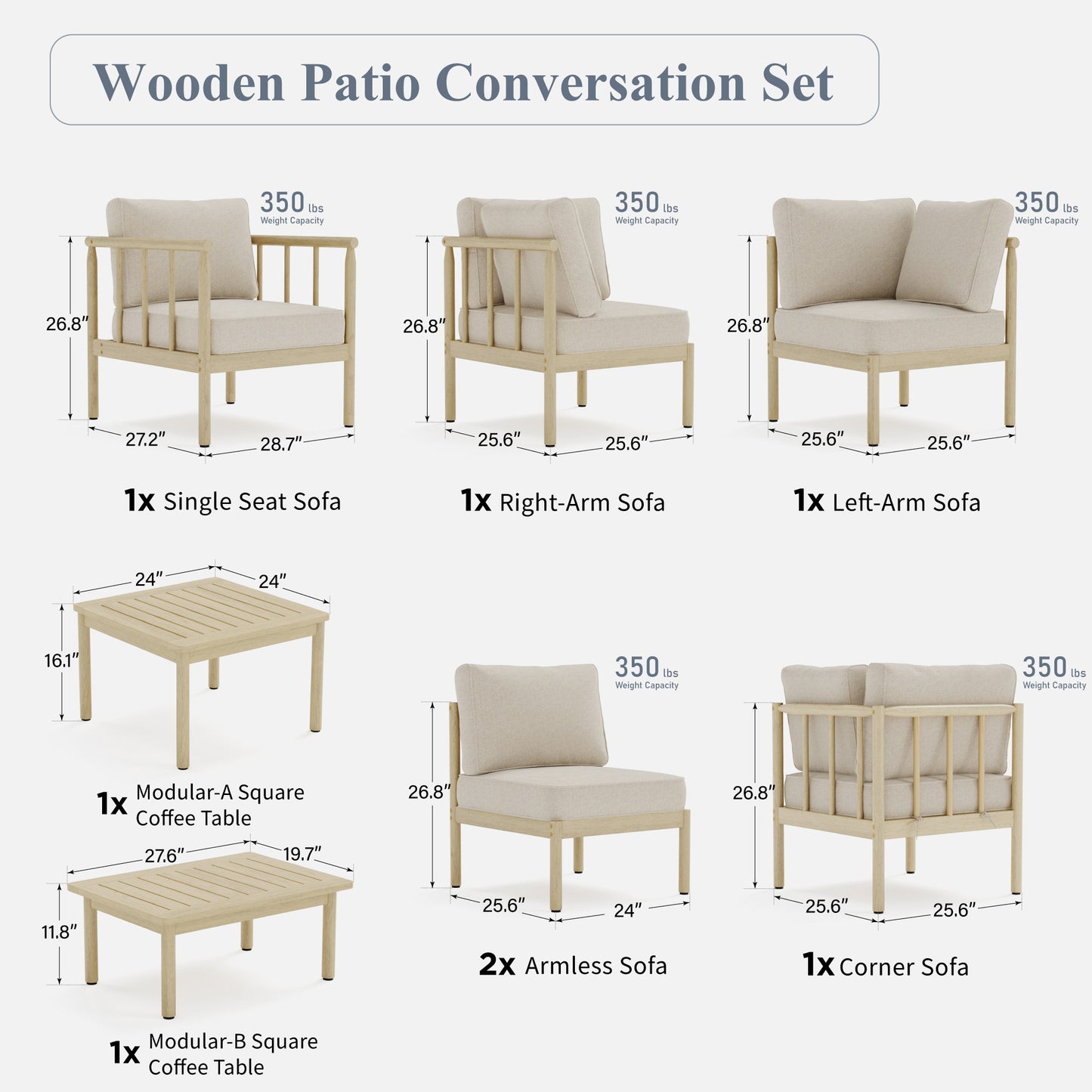 Captiva Designs Acacia Wood Outdoor Patio Cusioned Modular Sofa Conversation Set with 2-in-1 Table