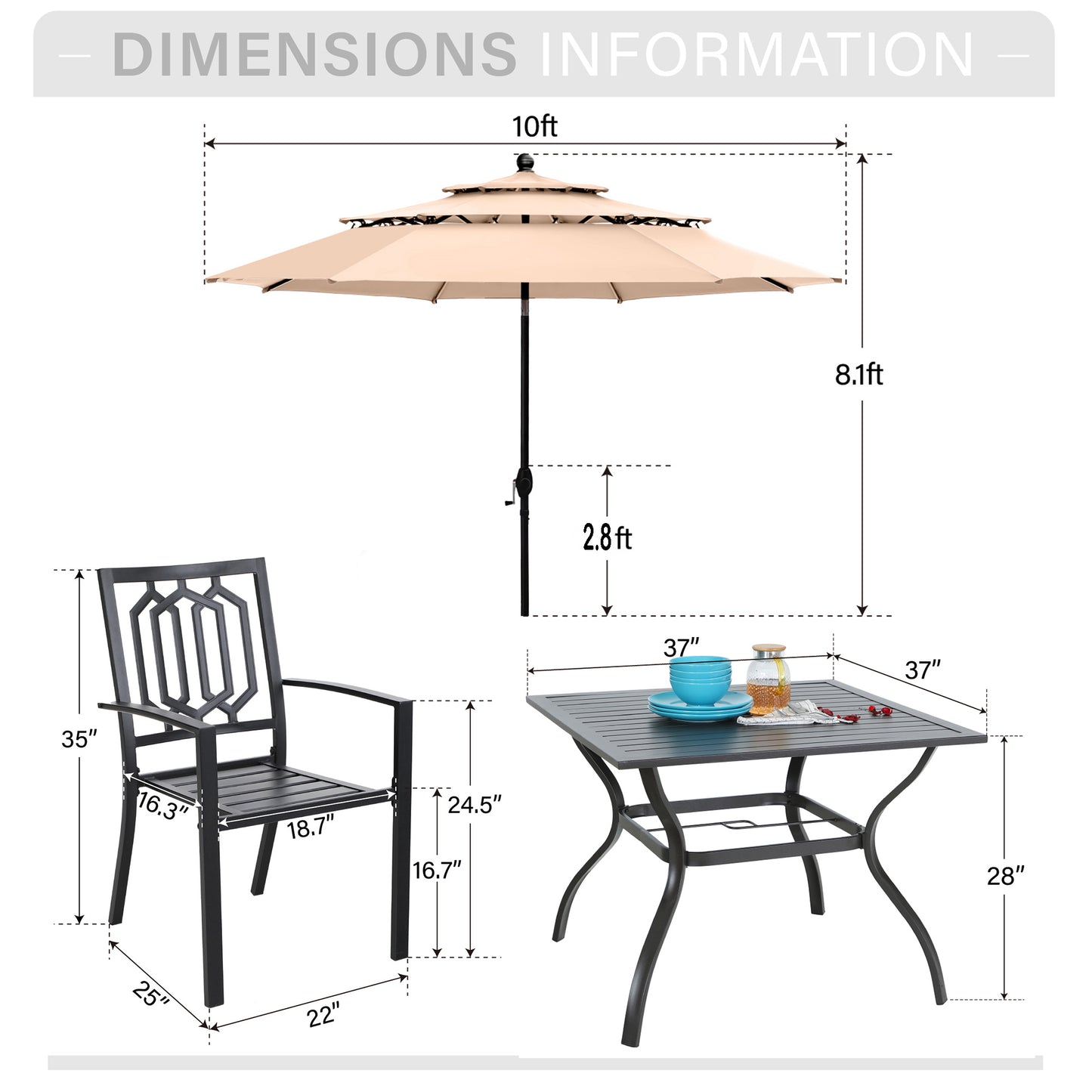 Captiva Designs 6pc Patio Square Table & Fusiform Back Metal Chairs & Beige Umbrella