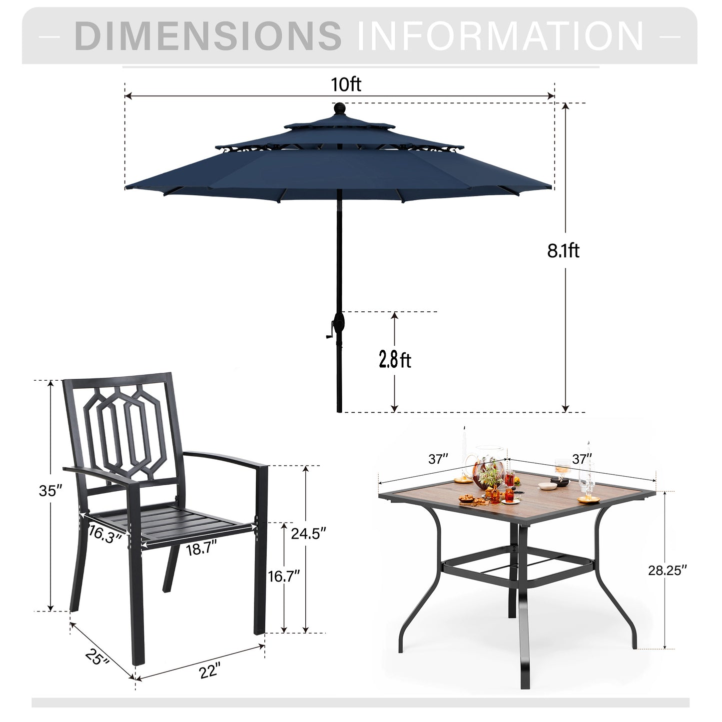 Captiva Designs 6pc Outdoor Patio Square Steel Dining Table with Stackable Metal Chairs and Market Umbrella