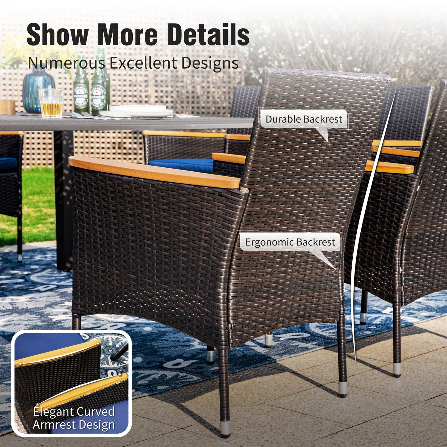Captiva Designs Outdoor 9Pc Cast Aluminum Square Metal Dining Table with Umbrella Hole & Cushioned Wicker Rattan Chairs