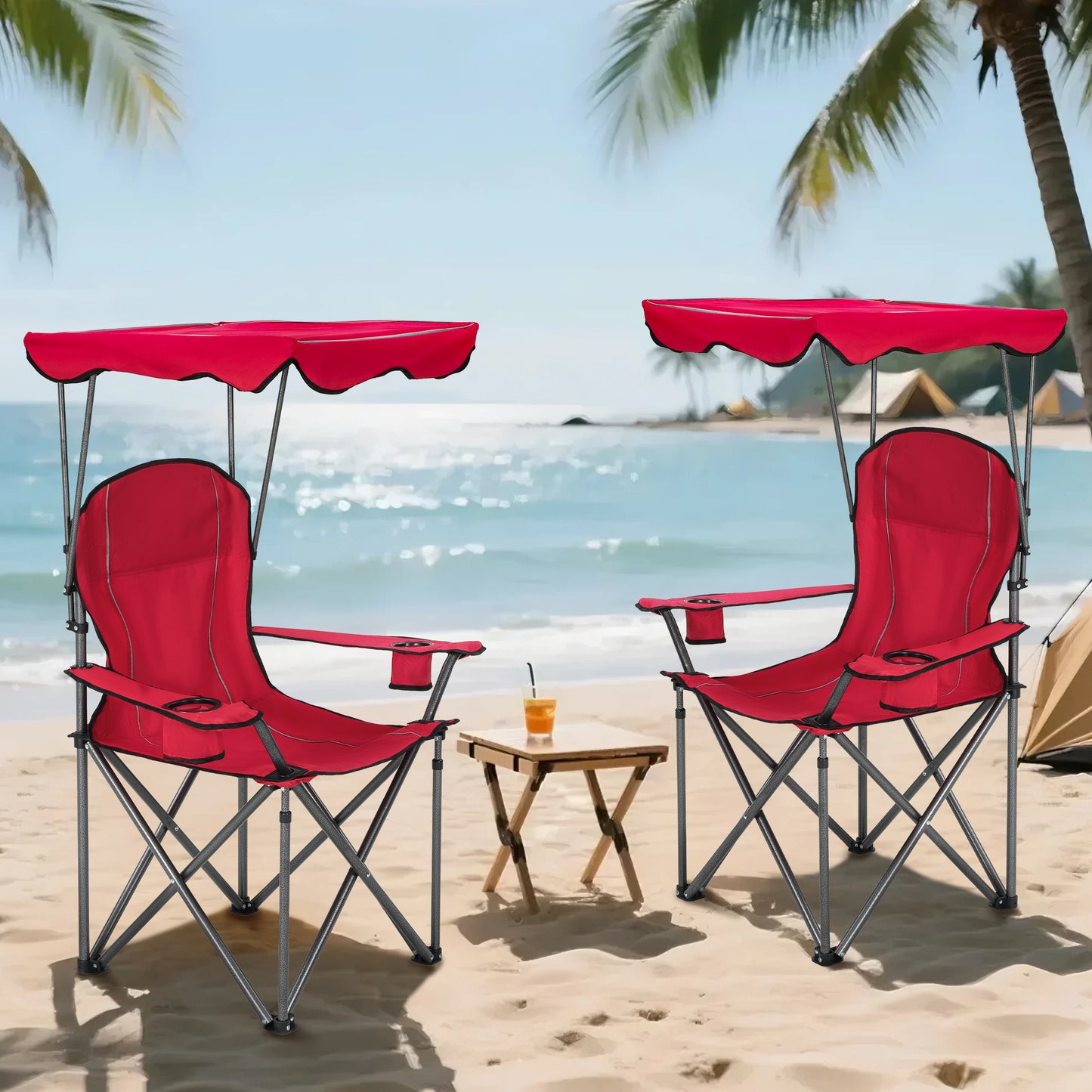 Captiva Designs Heavy Duty Canopy Chair, 350 lb Folding Outdoor Chair with Sunshade & Cup Holders