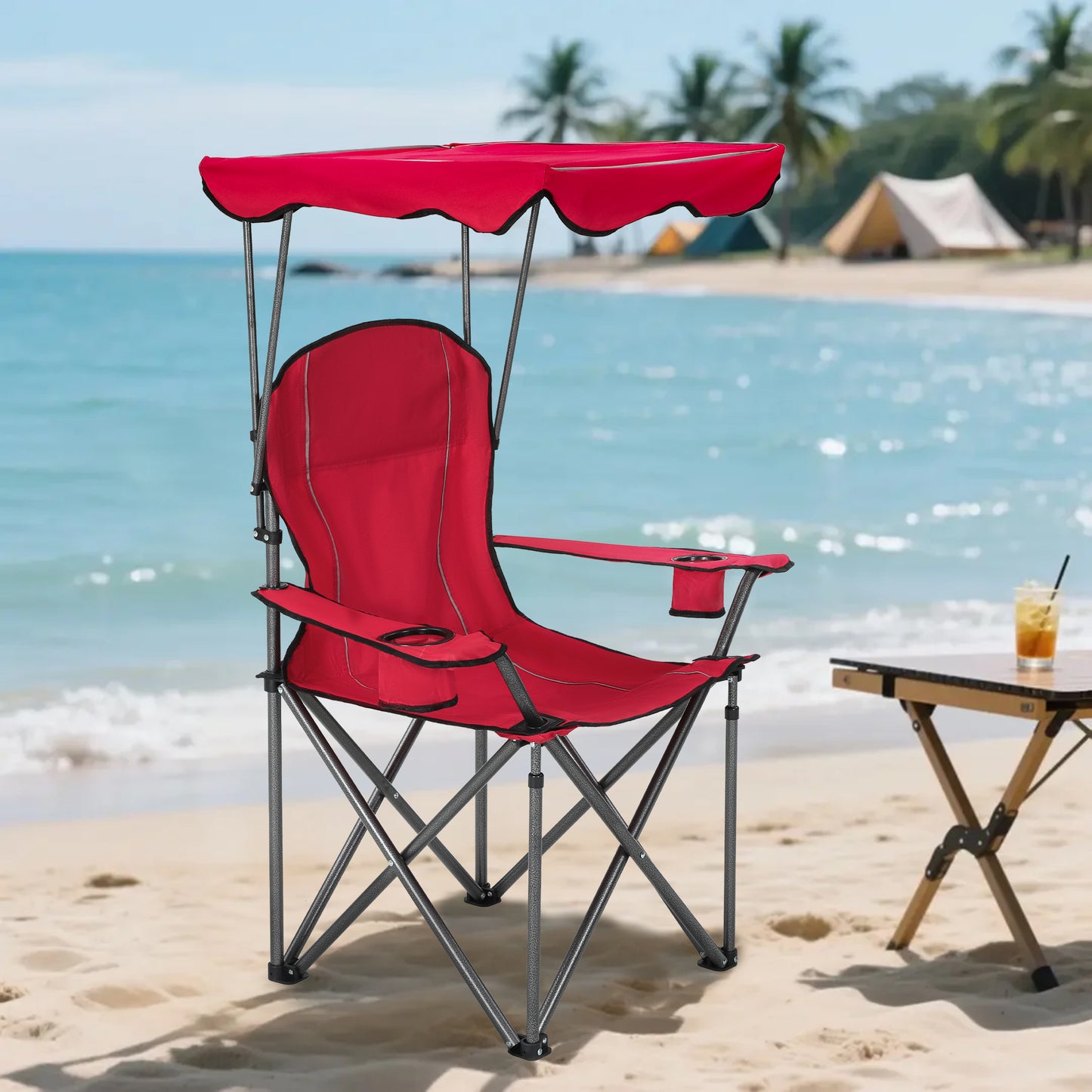 Captiva Designs Heavy Duty Canopy Chair, 350 lb Folding Outdoor Chair with Sunshade & Cup Holders